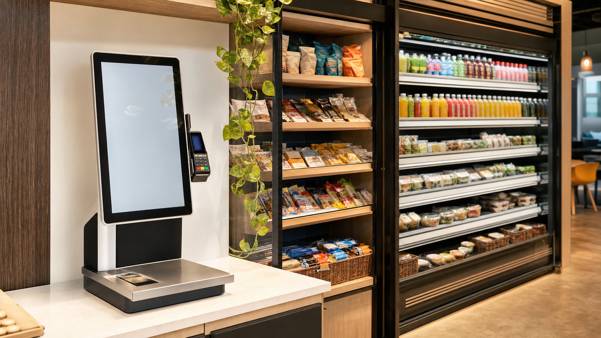 Self-service checkout beside a workplace micro-market food and beverage display