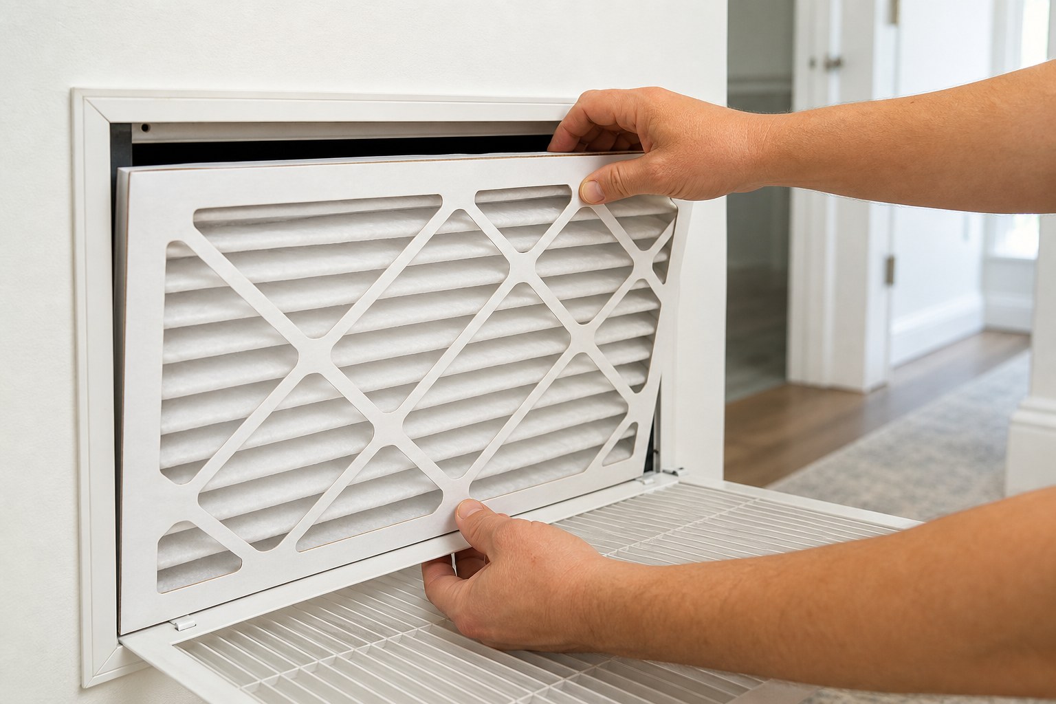 Homeowner checking a clean pleated air filter at a return grille