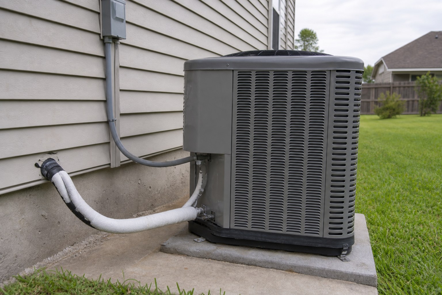 Frost on a residential air conditioner refrigerant line beside an outdoor unit