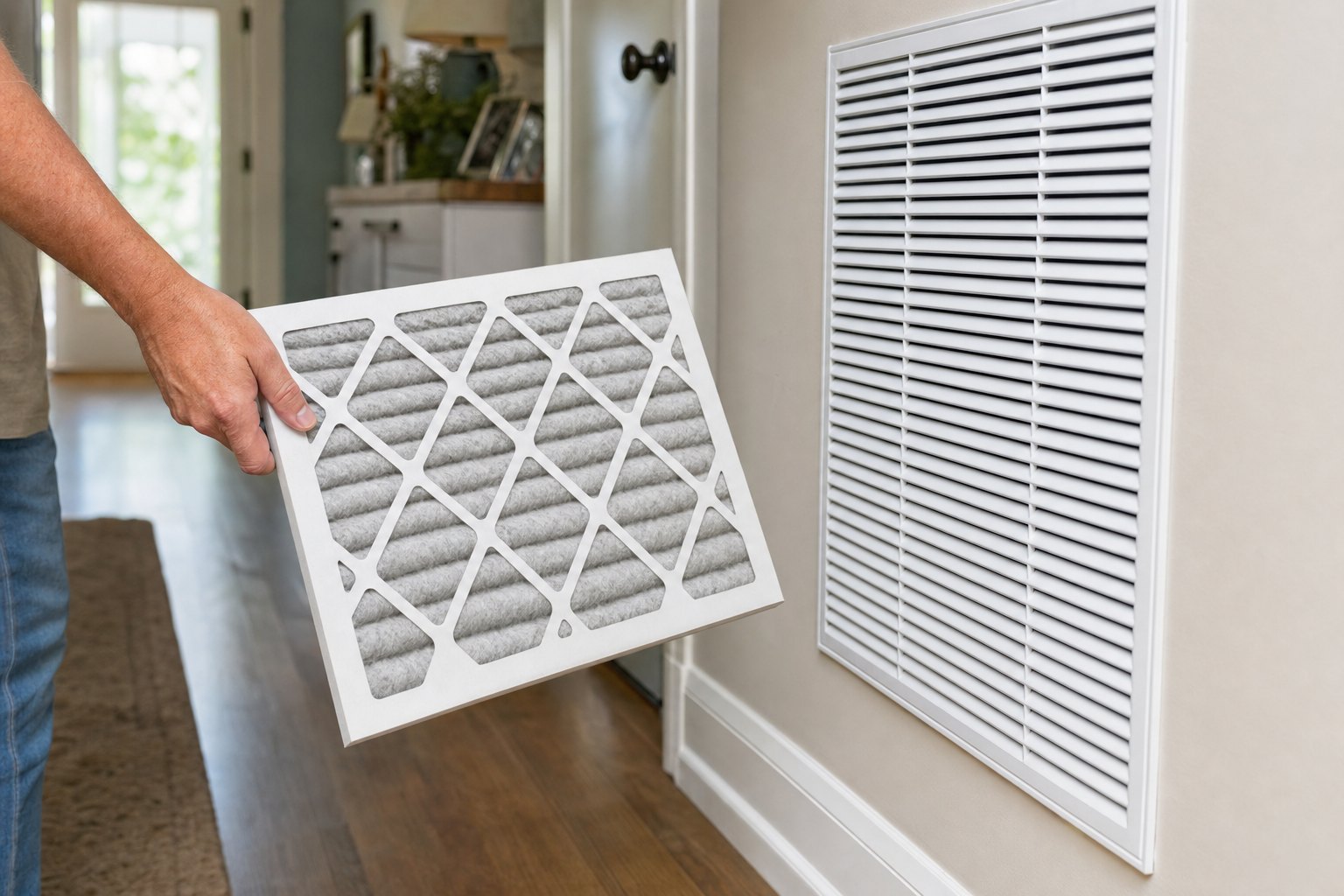 Homeowner holding a clean HVAC filter beside a return grille