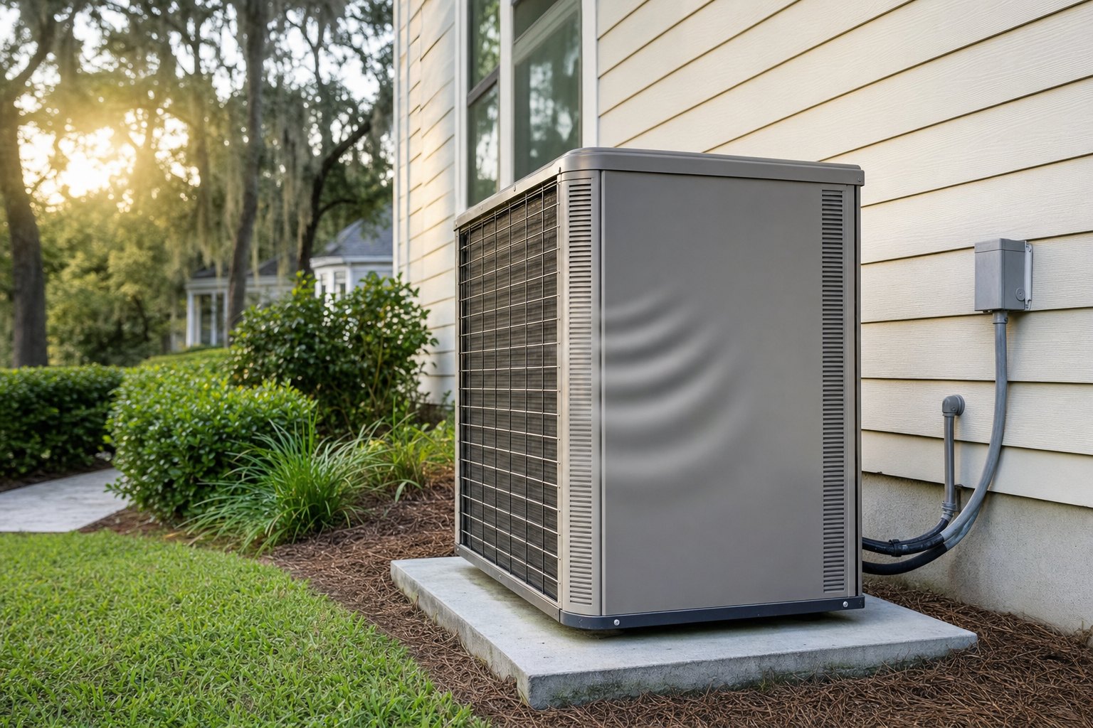 Residential outdoor air conditioner beside a Southeast Louisiana home