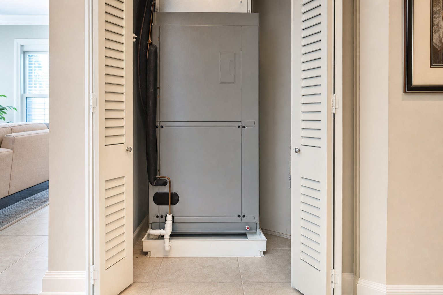 Closed residential indoor air handler in an accessible utility closet