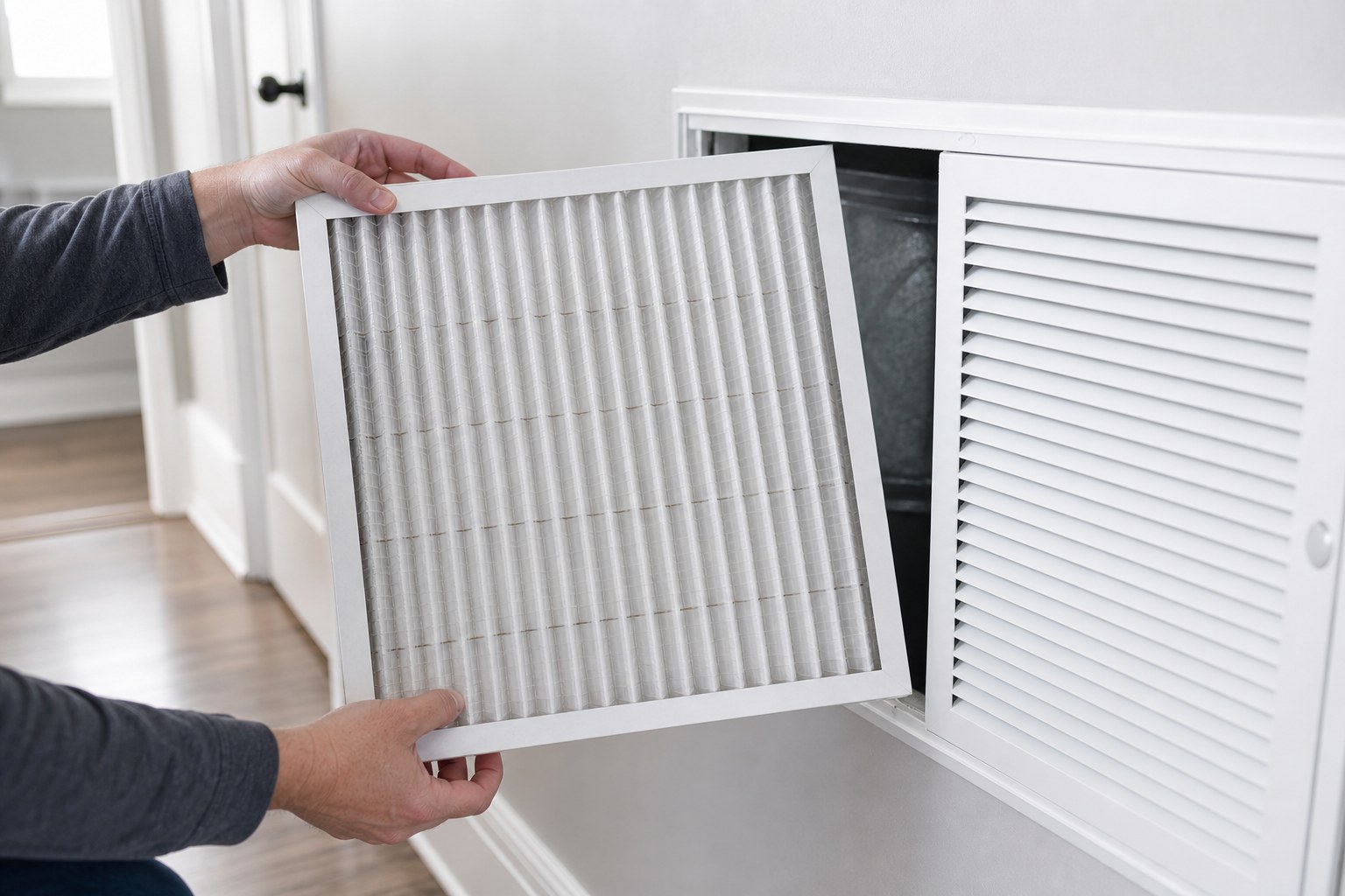 Homeowner holding an air filter beside an open return grille