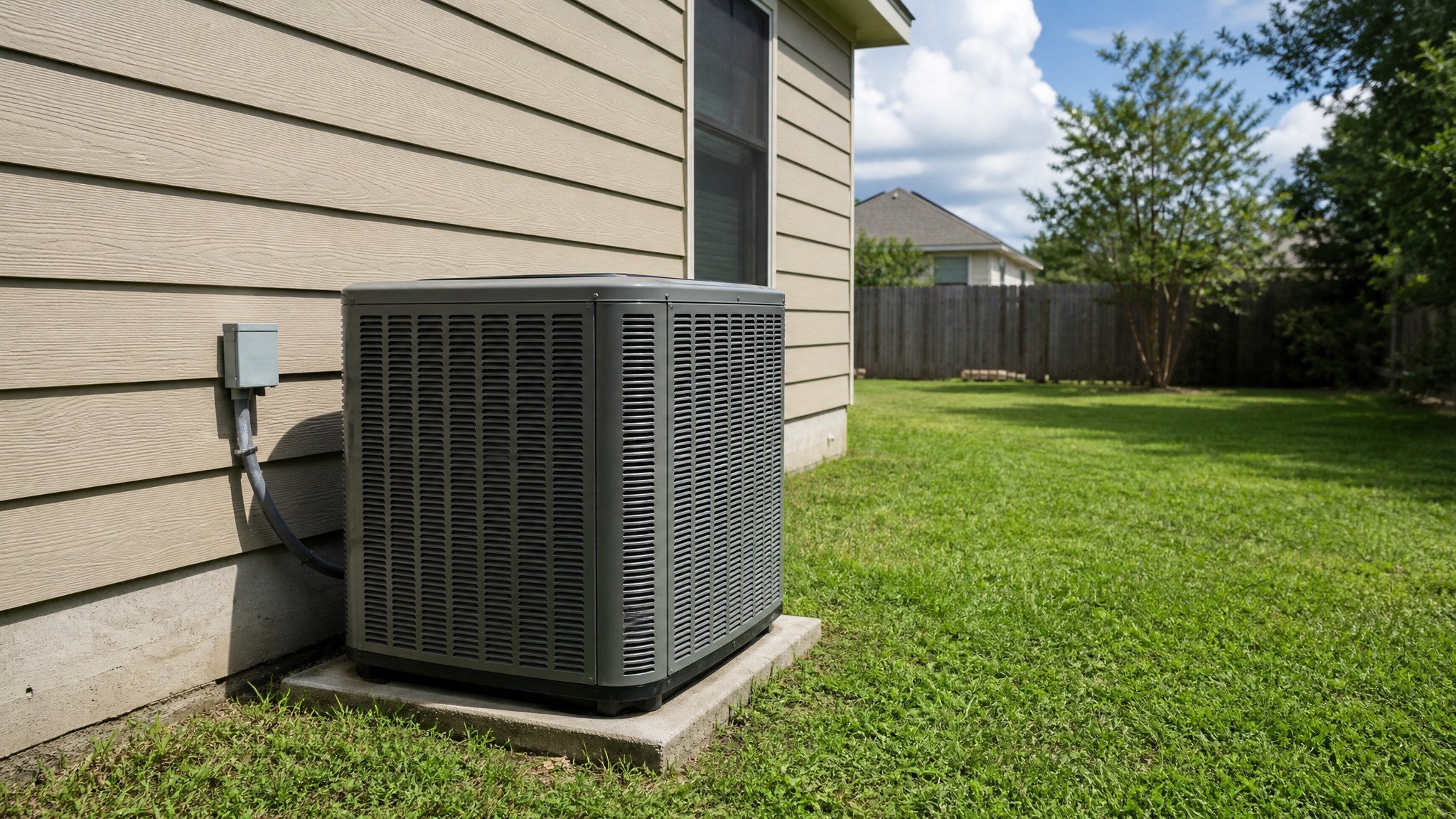 Residential outdoor air conditioner beside a home