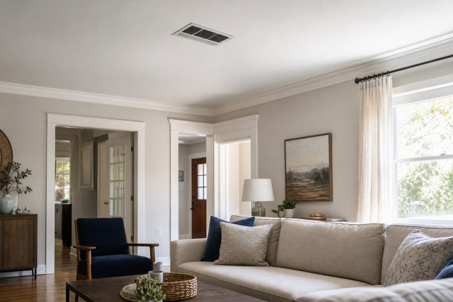 Comfortable living room with a ceiling air vent