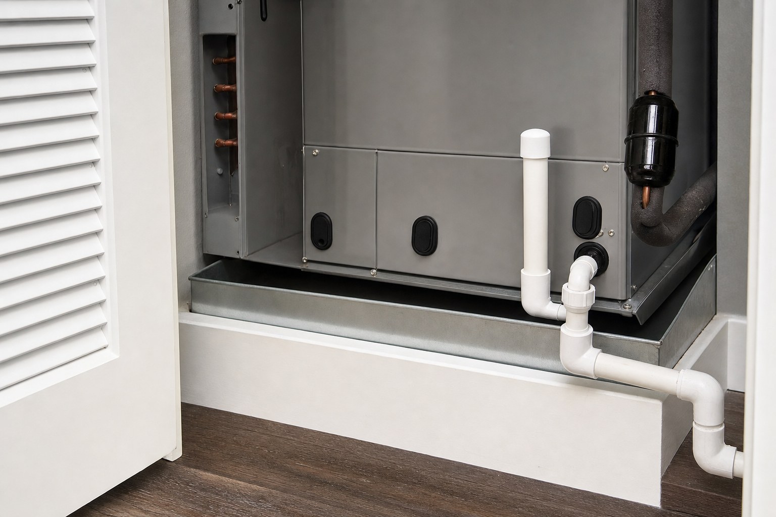 Residential air-conditioning condensate drain line beside indoor equipment