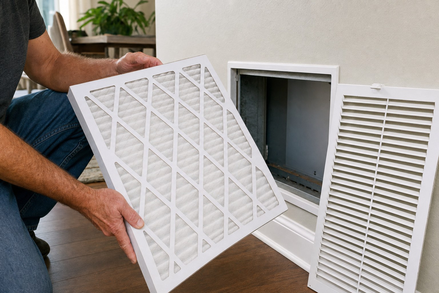 Homeowner holding a clean replacement air filter near a return grille