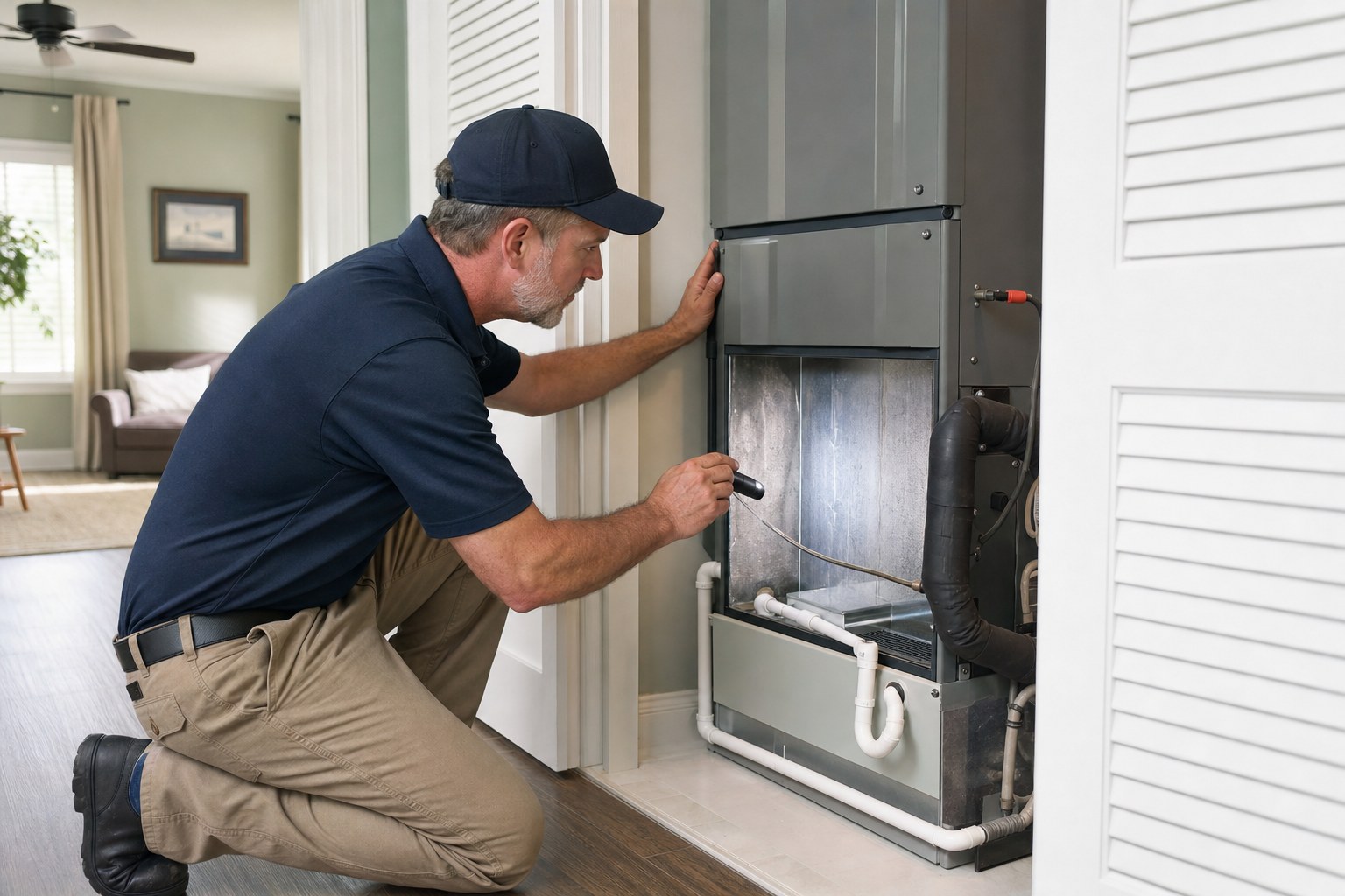 HVAC technician inspecting a residential indoor air-conditioning system