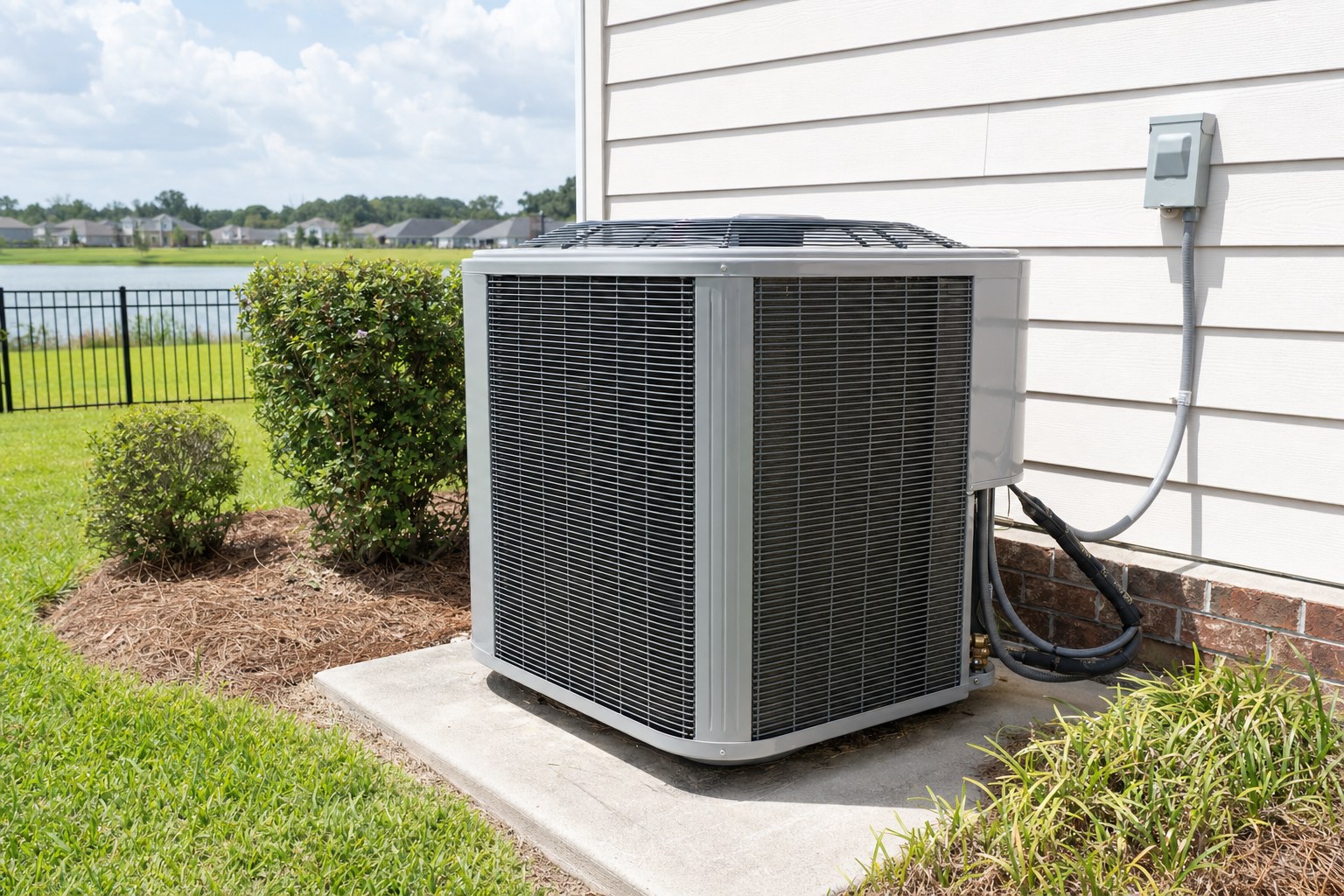 Clean outdoor residential air conditioner with open space around it