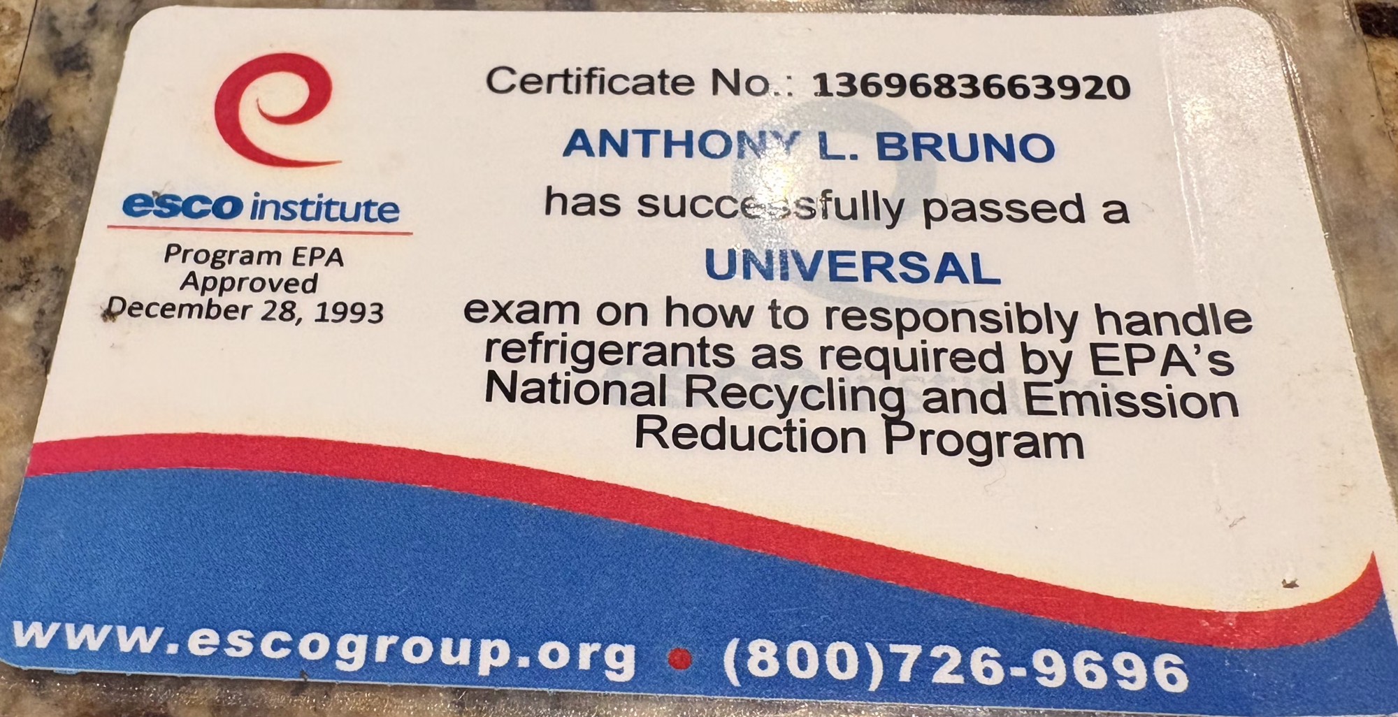 Anthony L. Bruno’s ESCO Institute EPA Universal refrigerant-handling certification card