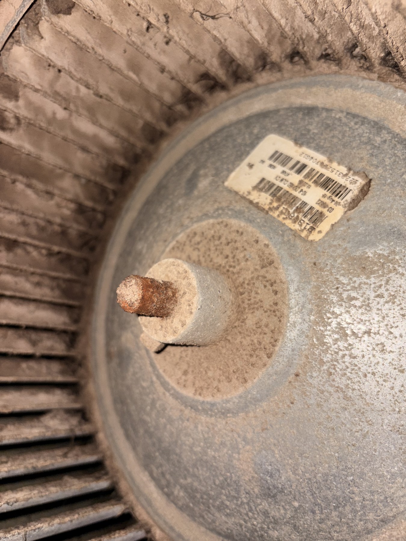 Dust buildup on an HVAC blower wheel before cleaning
