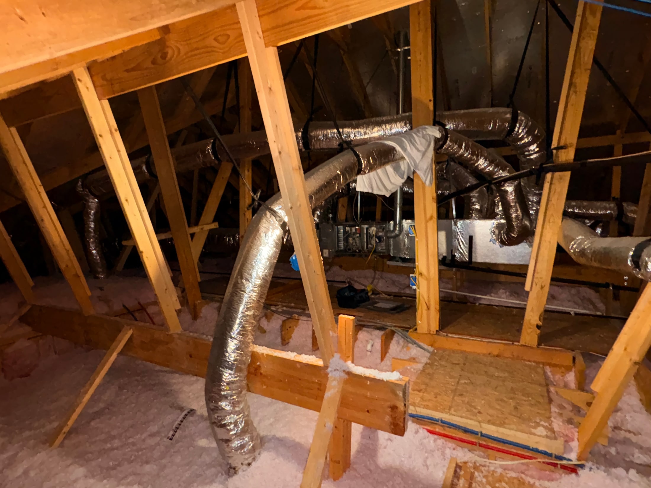 HVAC ductwork installed in an attic