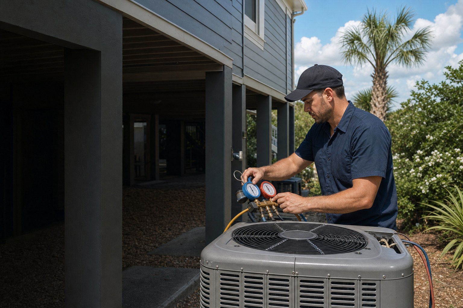 HVAC technician servicing a residential outdoor air conditioner