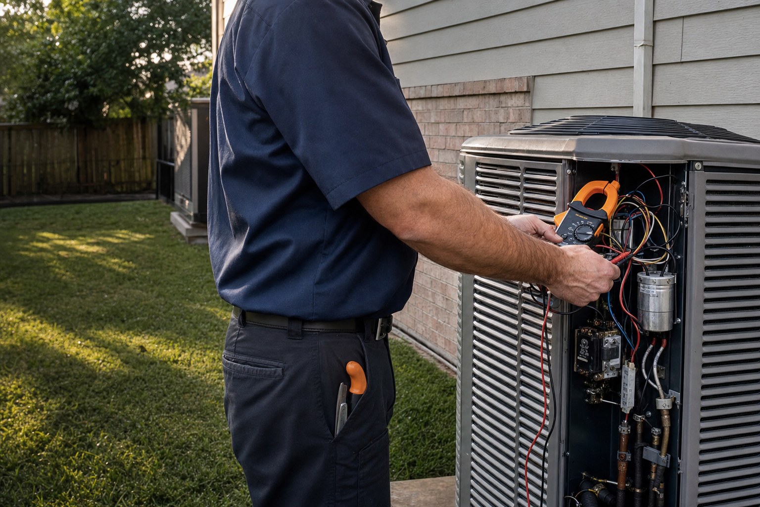 HVAC technician diagnosing a residential air conditioner