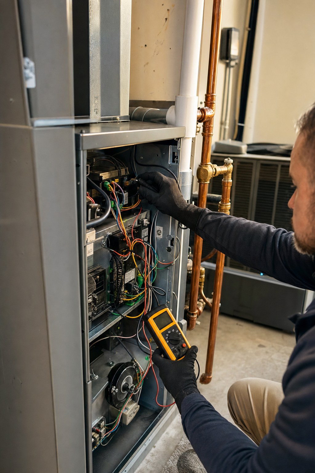 Technician performing heating system diagnostics