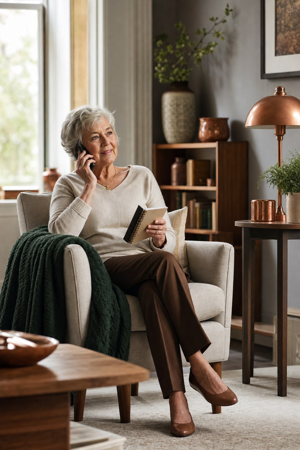 Older woman having a calm phone conversation at home