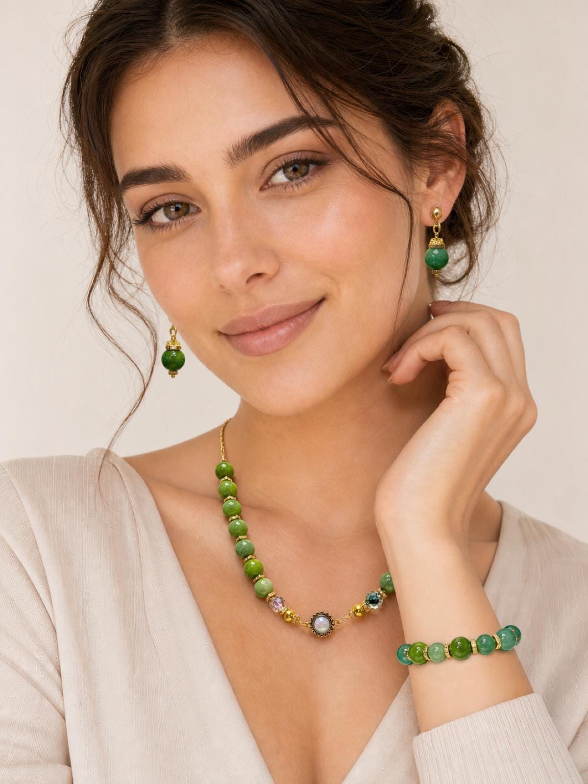Green Quartz Jewelry Set, Gemstone Necklace Bracelet Earrings, Gold Tone Crystal Beaded Jewelry, Handmade Gift for Her