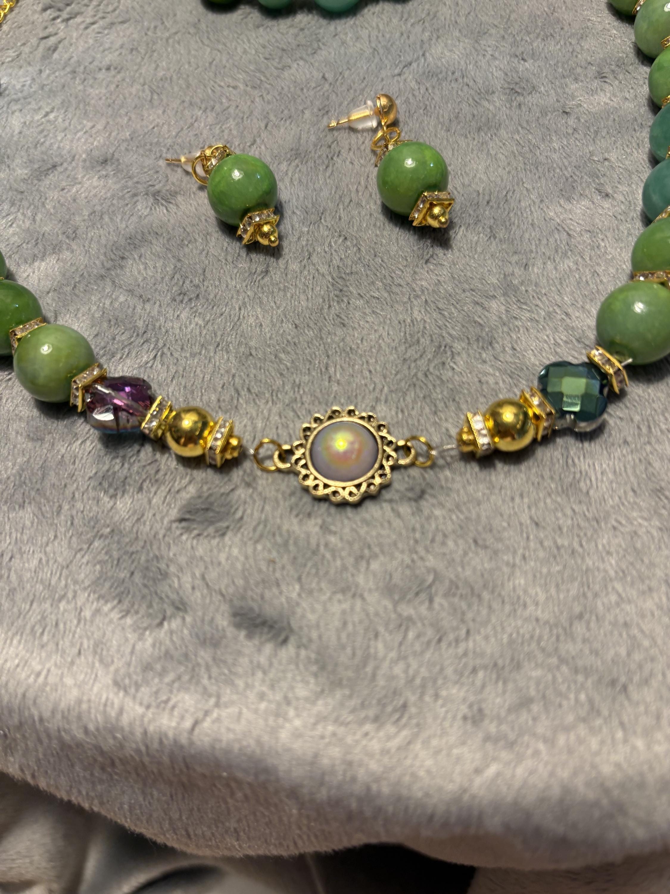 Green Quartz Jewelry Set, Gemstone Necklace Bracelet Earrings, Gold Tone Crystal Beaded Jewelry, Handmade Gift for Her view 12