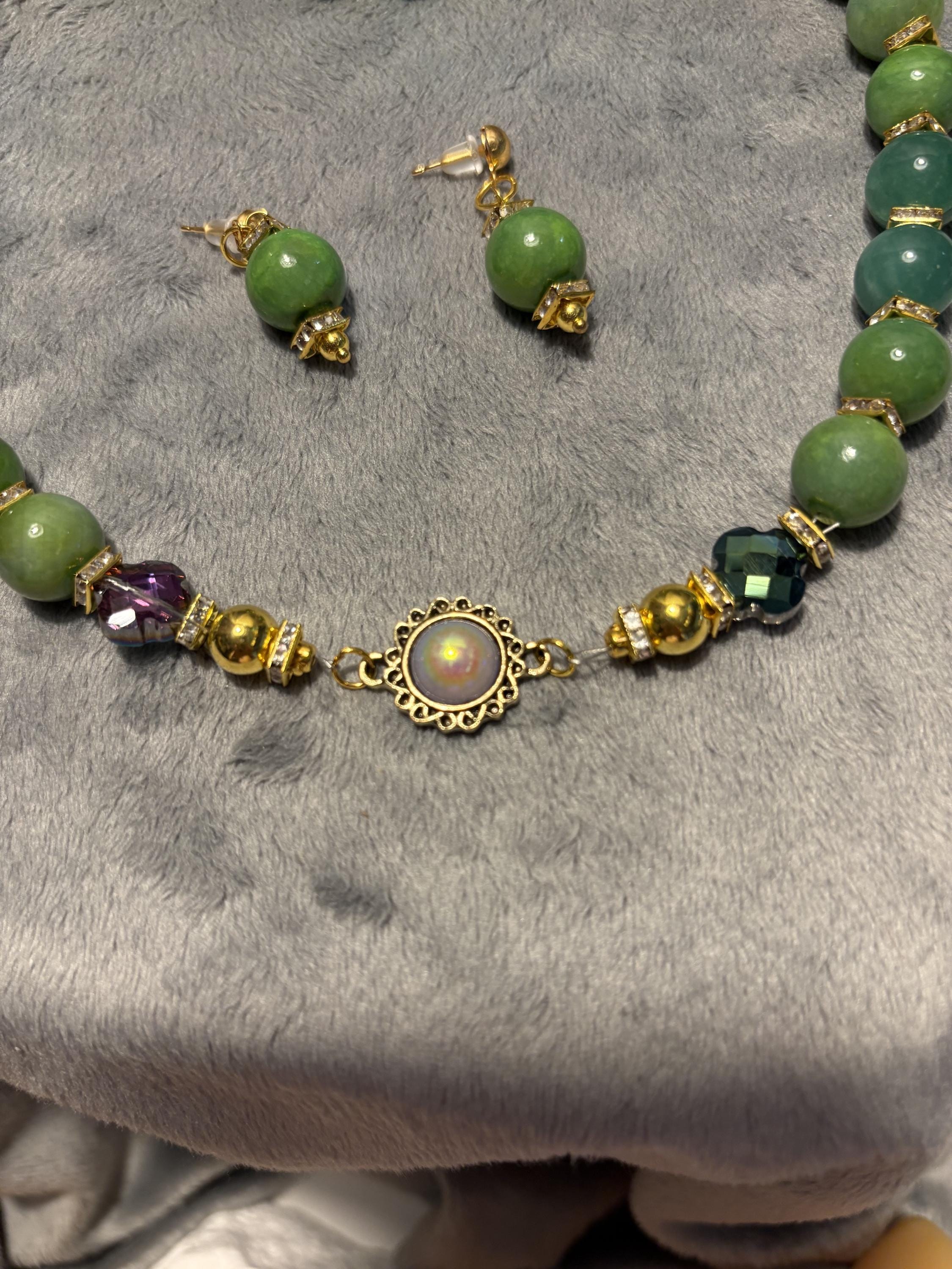 Green Quartz Jewelry Set, Gemstone Necklace Bracelet Earrings, Gold Tone Crystal Beaded Jewelry, Handmade Gift for Her view 13