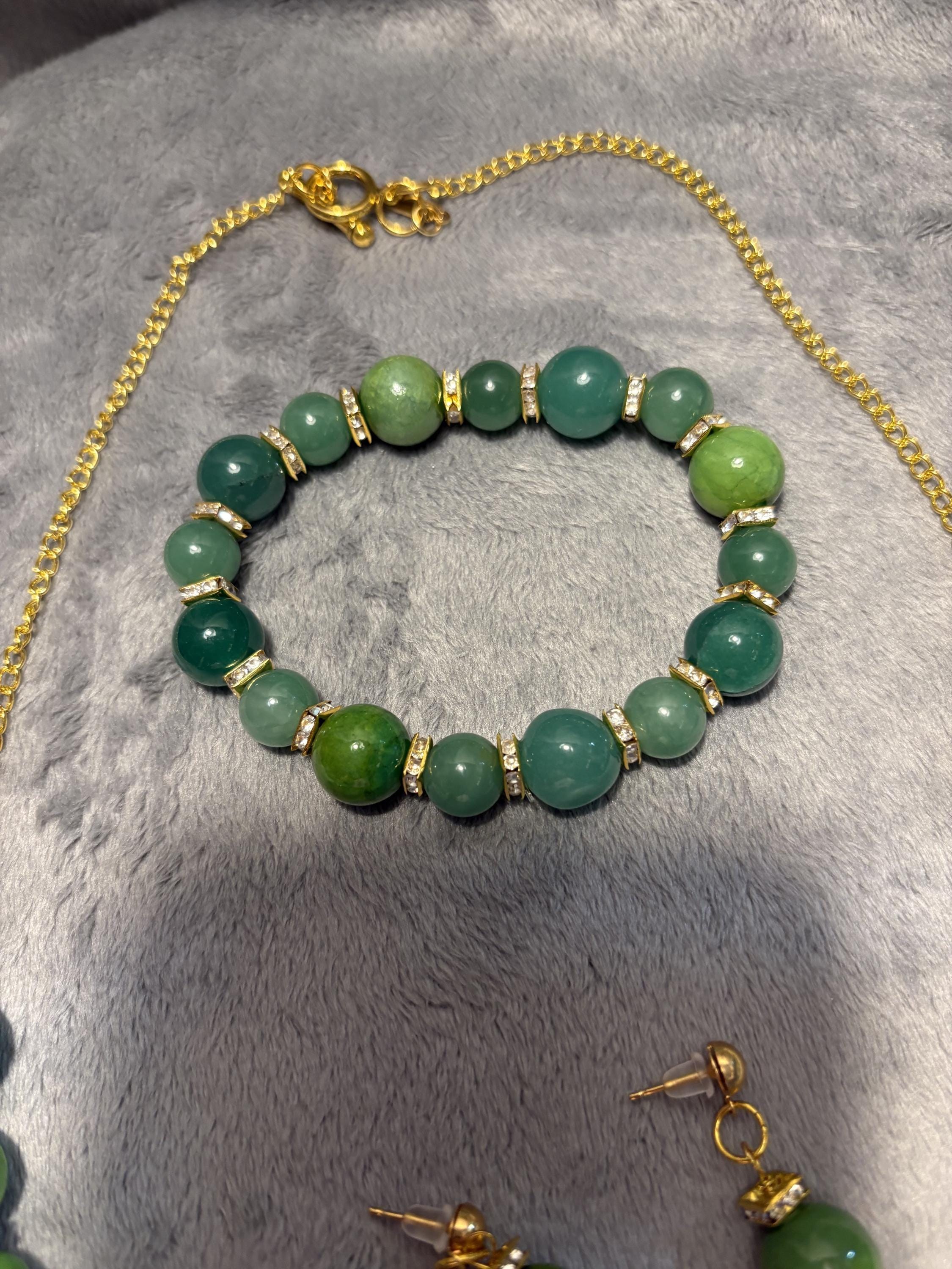 Green Quartz Jewelry Set, Gemstone Necklace Bracelet Earrings, Gold Tone Crystal Beaded Jewelry, Handmade Gift for Her view 15