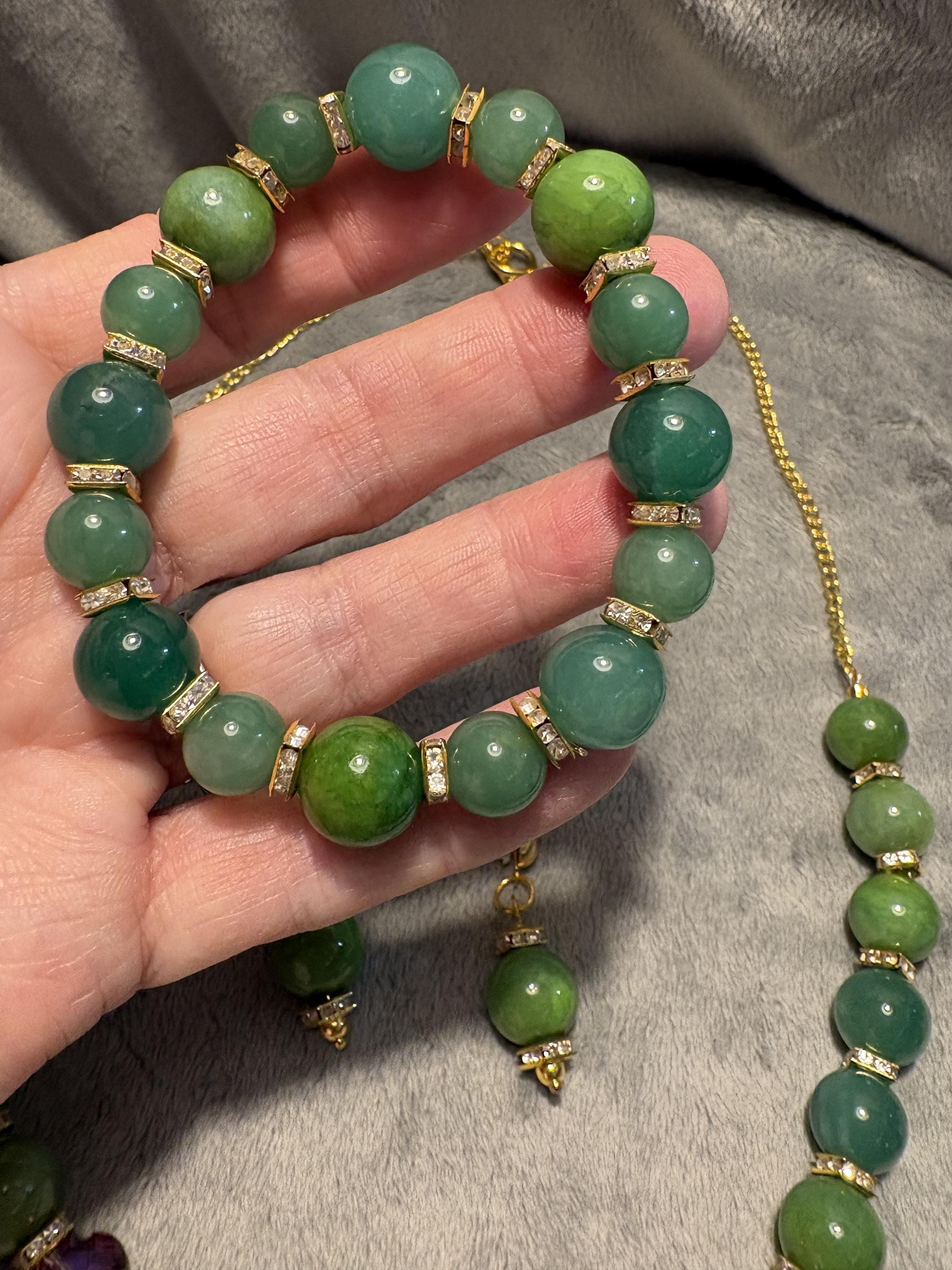 Green Quartz Jewelry Set, Gemstone Necklace Bracelet Earrings, Gold Tone Crystal Beaded Jewelry, Handmade Gift for Her view 17