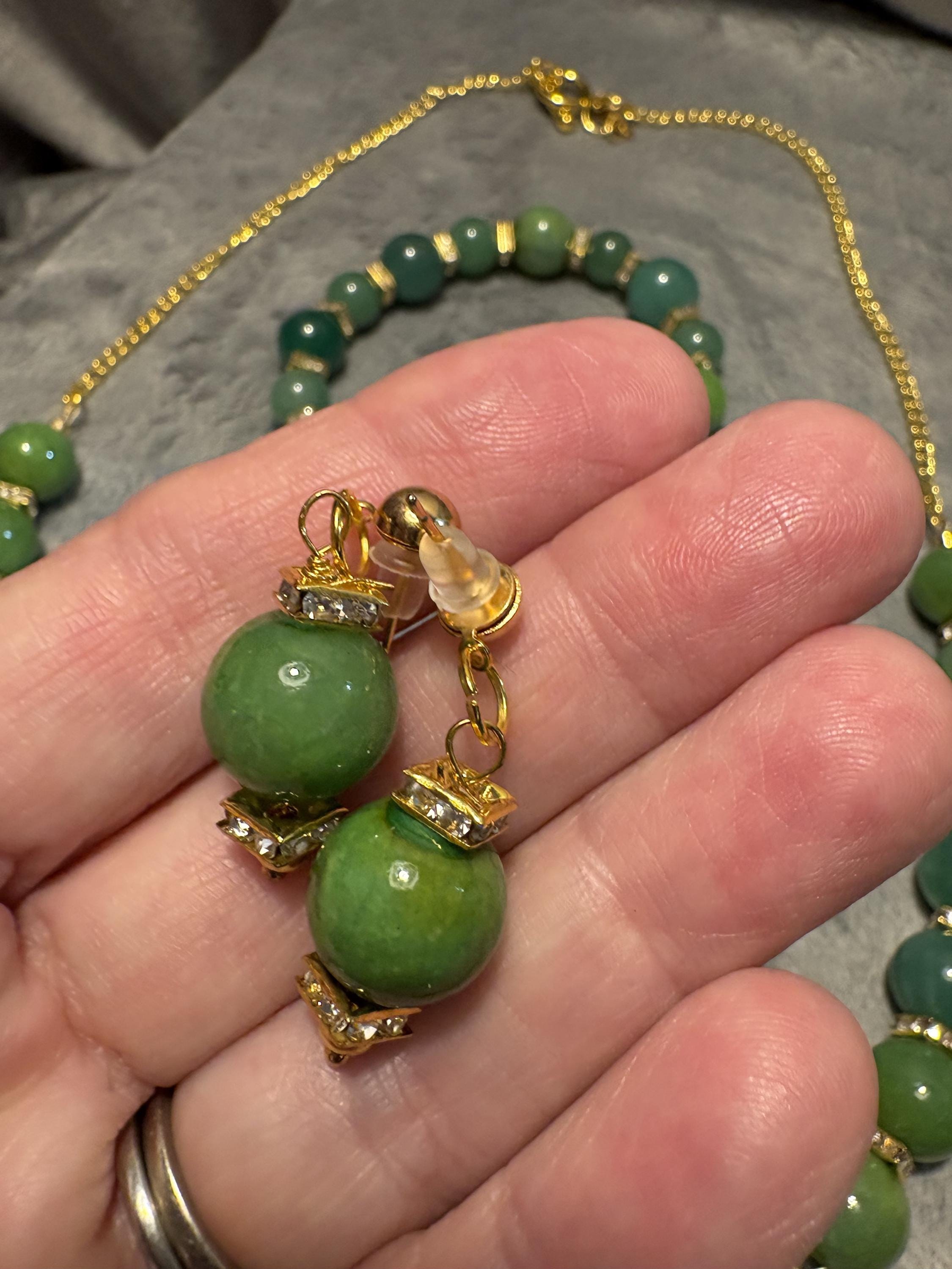 Green Quartz Jewelry Set, Gemstone Necklace Bracelet Earrings, Gold Tone Crystal Beaded Jewelry, Handmade Gift for Her view 18