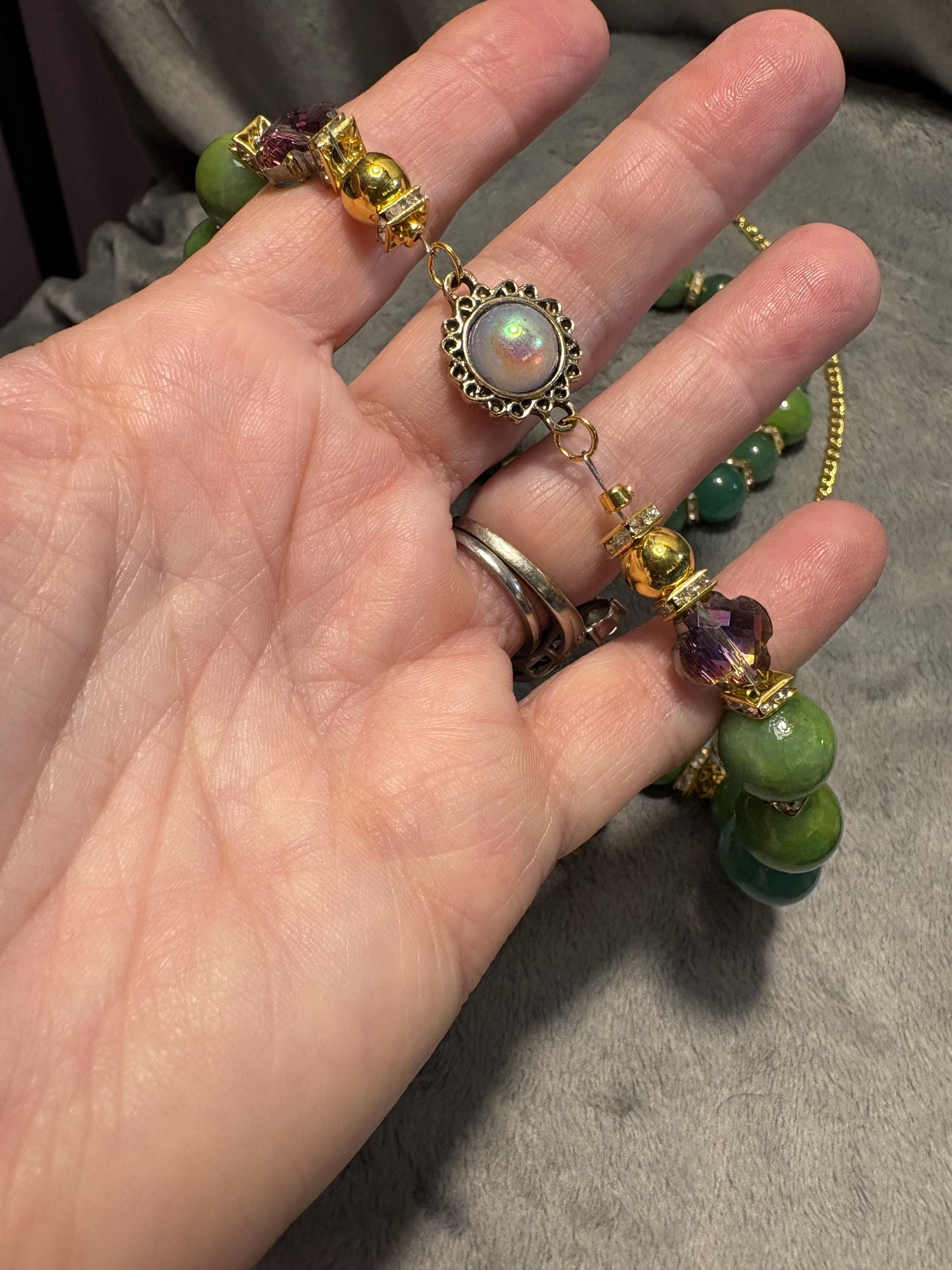 Green Quartz Jewelry Set, Gemstone Necklace Bracelet Earrings, Gold Tone Crystal Beaded Jewelry, Handmade Gift for Her view 19