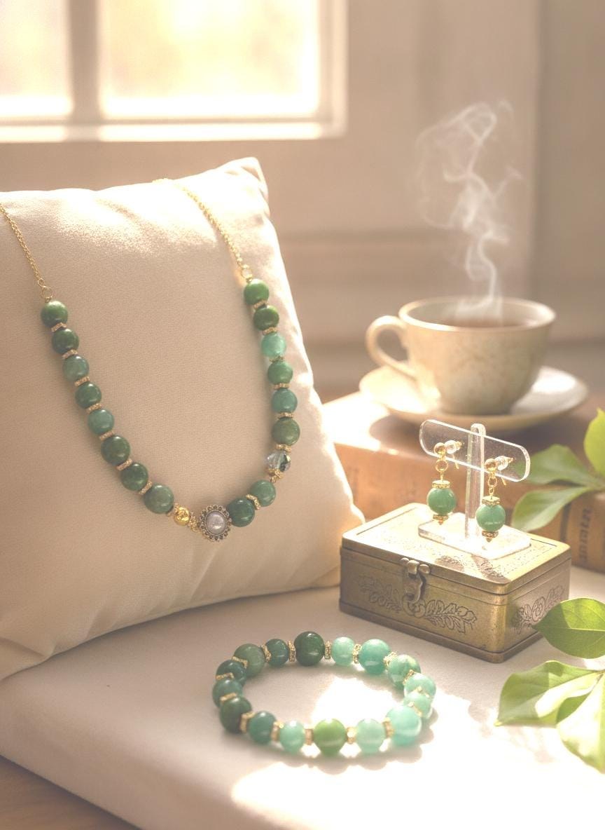 Green Quartz Jewelry Set, Gemstone Necklace Bracelet Earrings, Gold Tone Crystal Beaded Jewelry, Handmade Gift for Her view 2