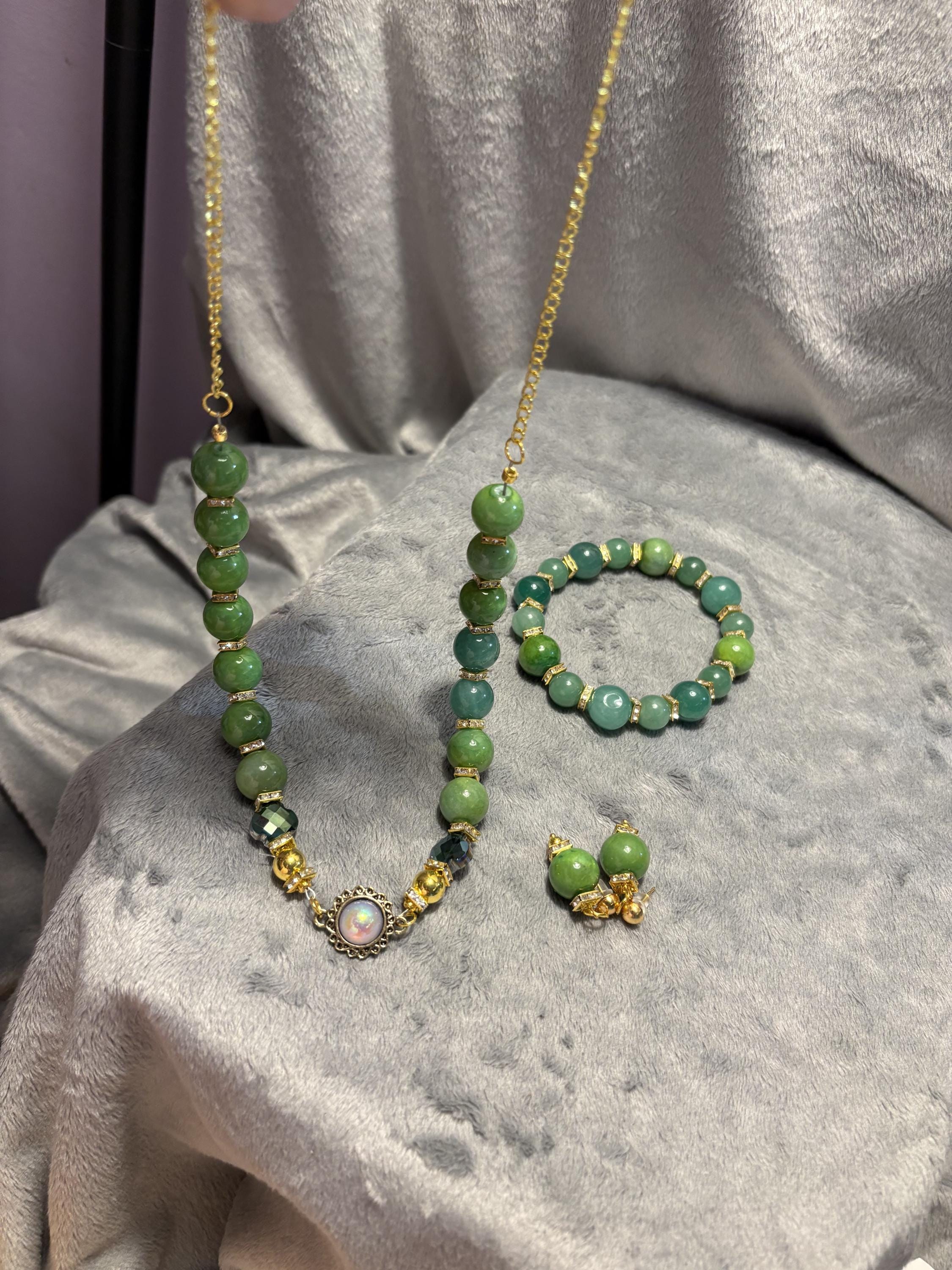 Green Quartz Jewelry Set, Gemstone Necklace Bracelet Earrings, Gold Tone Crystal Beaded Jewelry, Handmade Gift for Her view 20