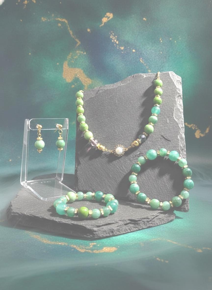 Green Quartz Jewelry Set, Gemstone Necklace Bracelet Earrings, Gold Tone Crystal Beaded Jewelry, Handmade Gift for Her view 3