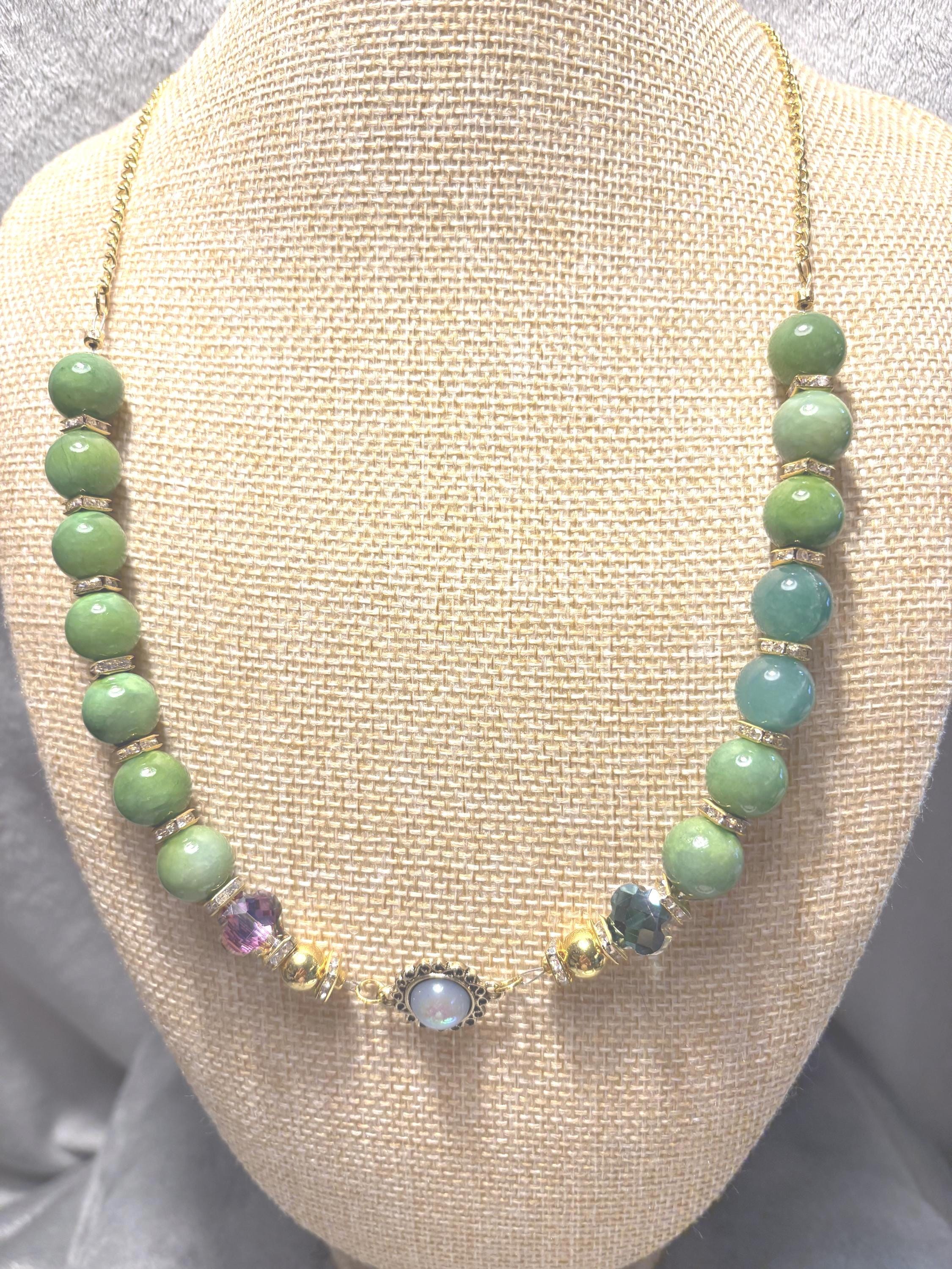 Green Quartz Jewelry Set, Gemstone Necklace Bracelet Earrings, Gold Tone Crystal Beaded Jewelry, Handmade Gift for Her view 5