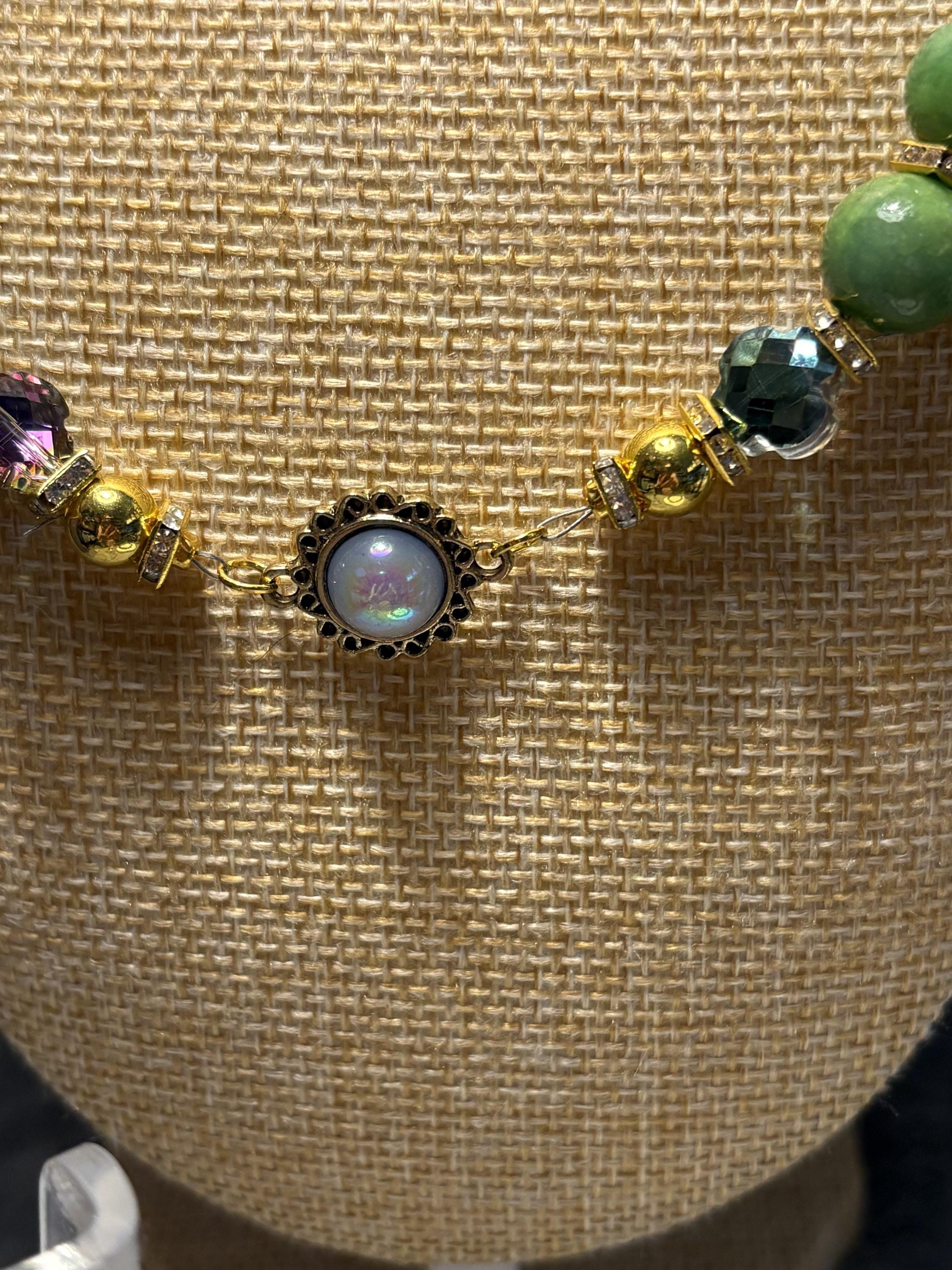 Green Quartz Jewelry Set, Gemstone Necklace Bracelet Earrings, Gold Tone Crystal Beaded Jewelry, Handmade Gift for Her view 6