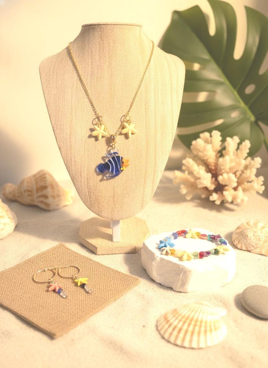 Hand Blown Glass Fish Jewelry Set, Starfish Necklace Bracelet Earrings, Colorful Beach Ocean Jewelry