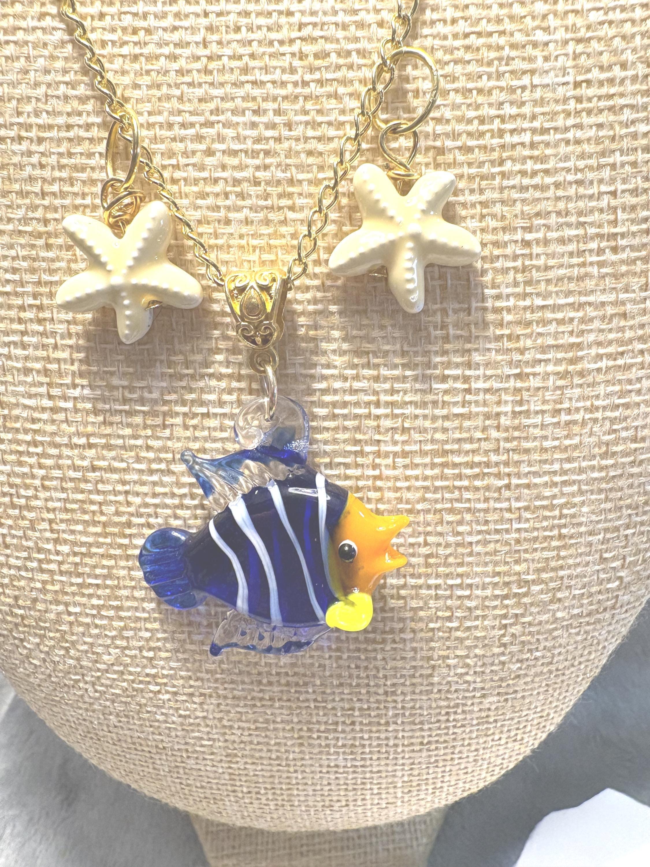 Hand Blown Glass Fish Jewelry Set, Starfish Necklace Bracelet Earrings, Colorful Beach Ocean Jewelry view 3