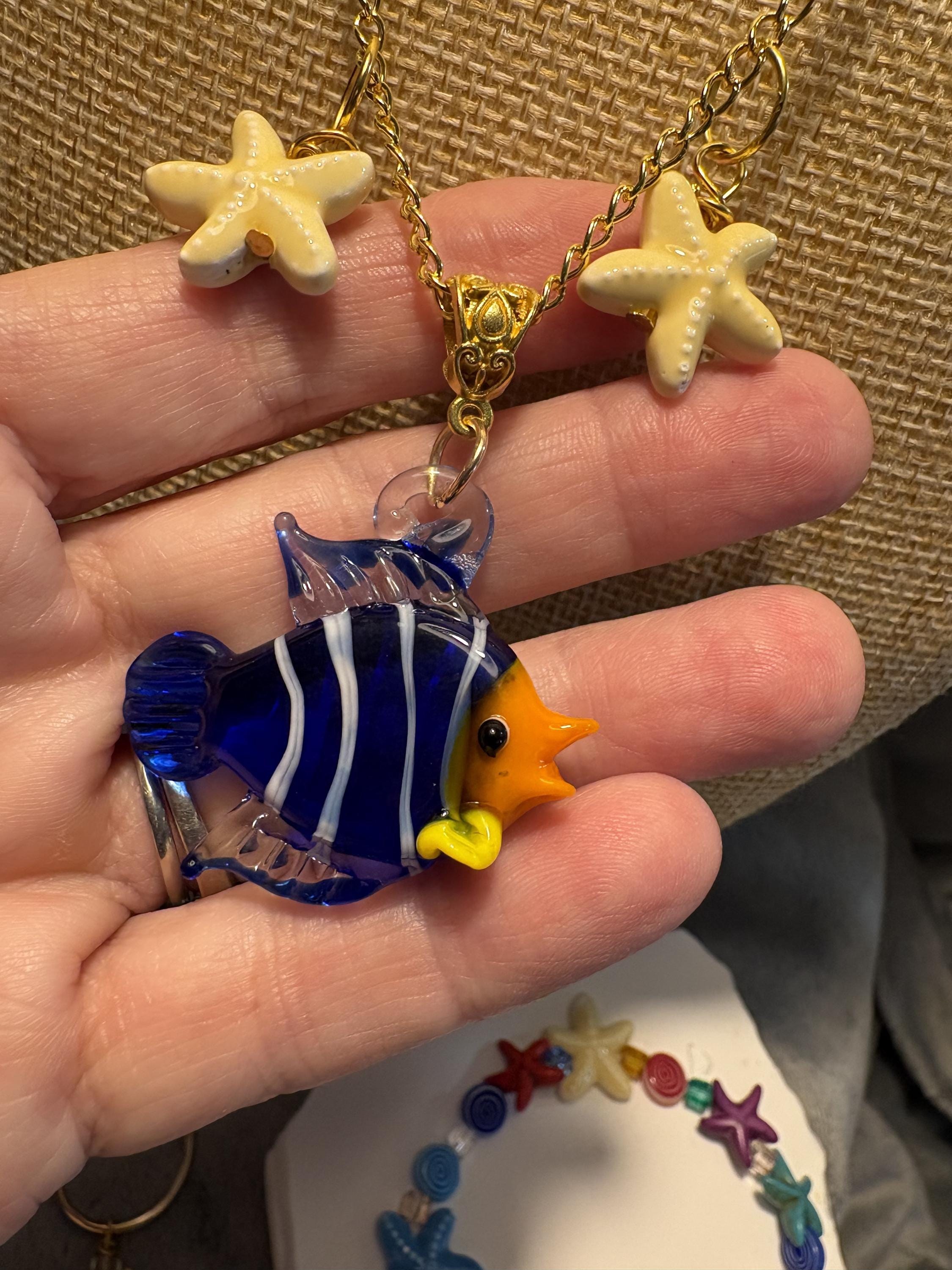 Hand Blown Glass Fish Jewelry Set, Starfish Necklace Bracelet Earrings, Colorful Beach Ocean Jewelry view 8