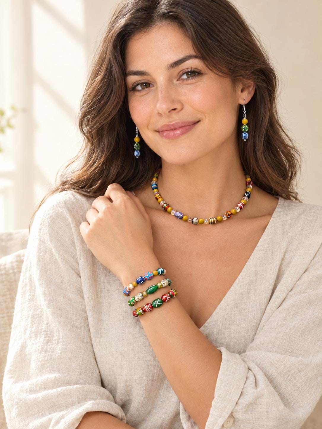 Hand Painted Clay Bead Jewelry Set, Colorful Boho Choker Necklace, 3 Bracelets and Earrings, Artisan Bead Jewelry Gift