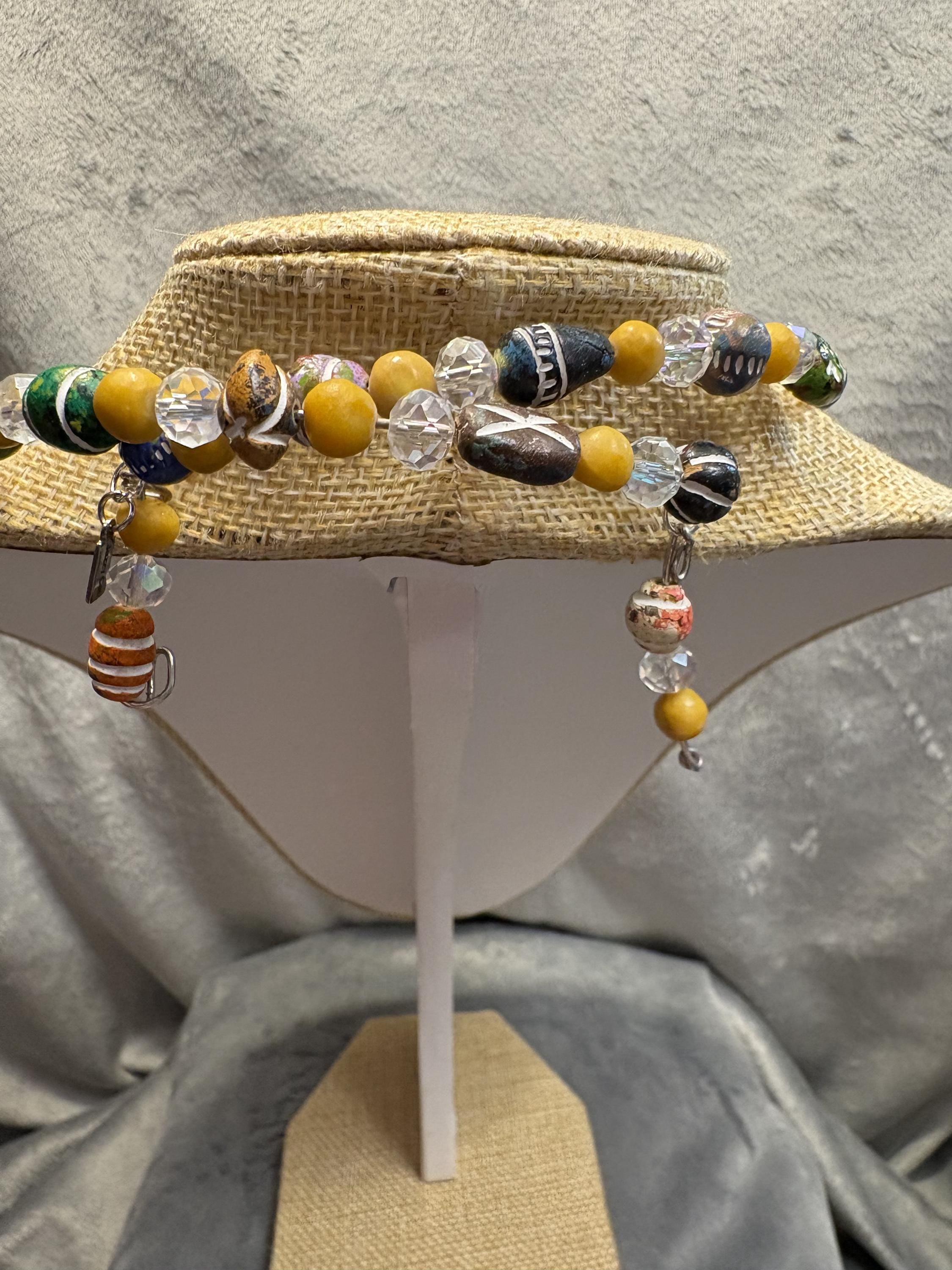 Hand Painted Clay Bead Jewelry Set, Colorful Boho Choker Necklace, 3 Bracelets and Earrings, Artisan Bead Jewelry Gift view 14