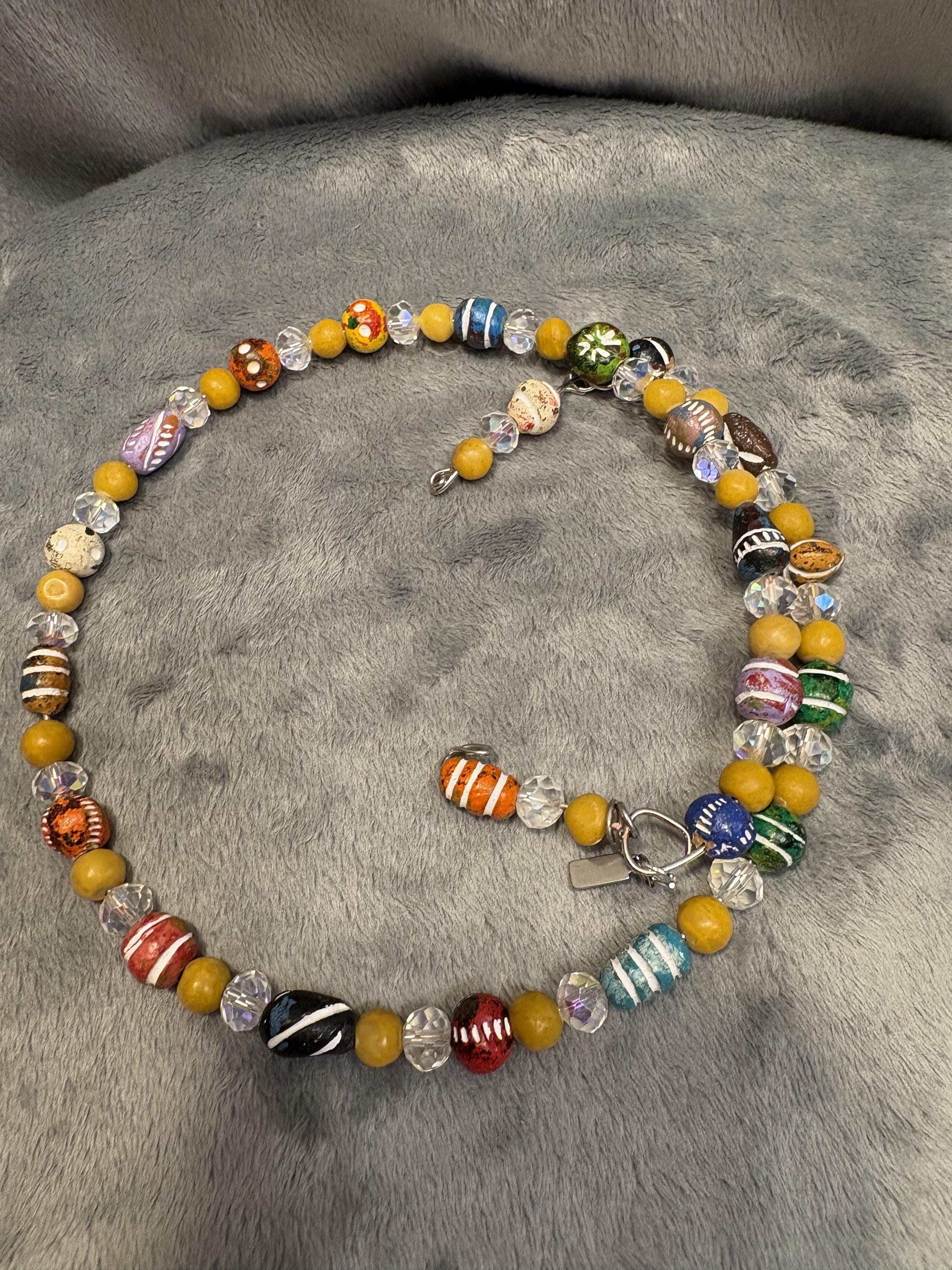 Hand Painted Clay Bead Jewelry Set, Colorful Boho Choker Necklace, 3 Bracelets and Earrings, Artisan Bead Jewelry Gift view 15