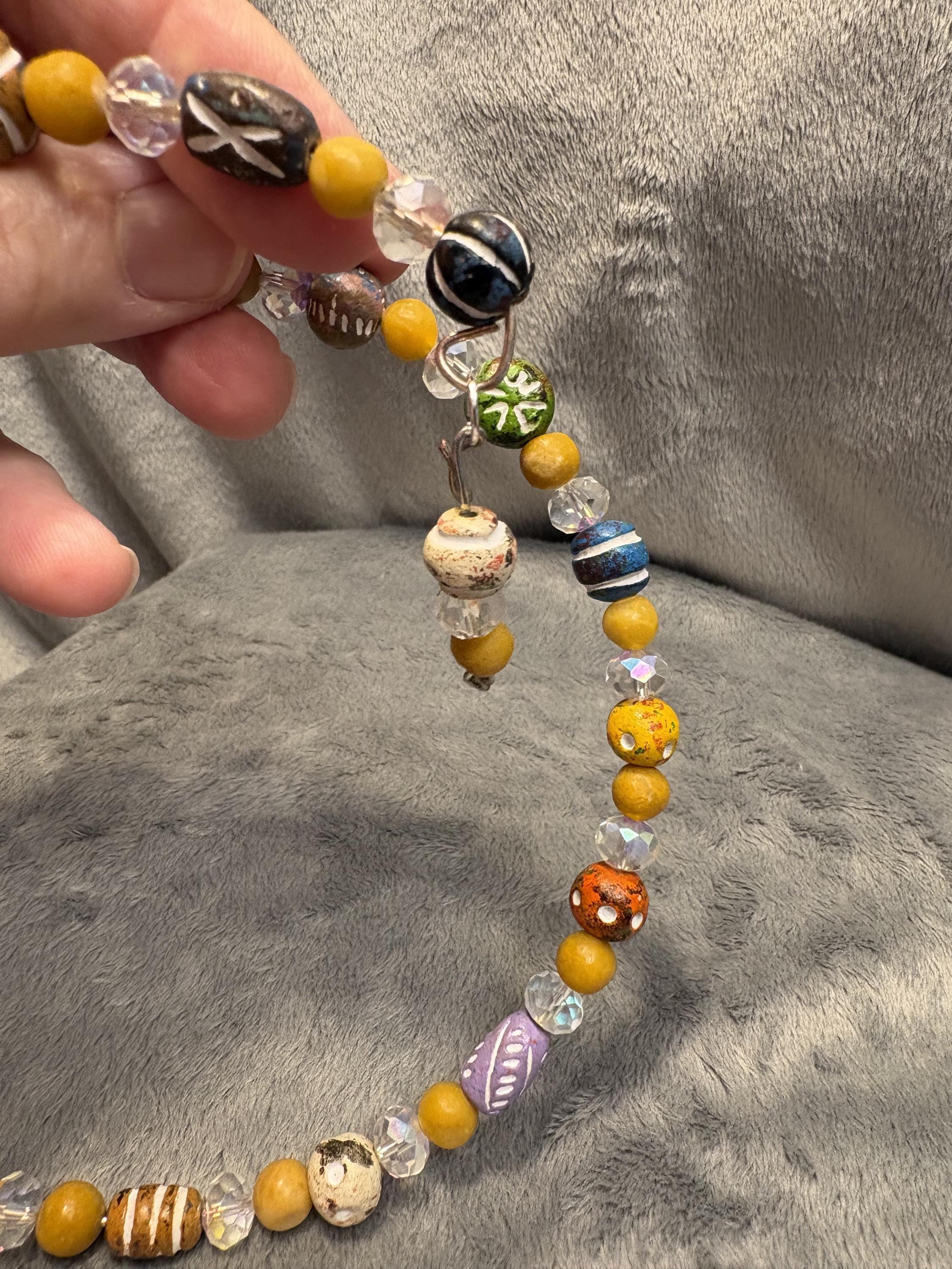 Hand Painted Clay Bead Jewelry Set, Colorful Boho Choker Necklace, 3 Bracelets and Earrings, Artisan Bead Jewelry Gift view 16