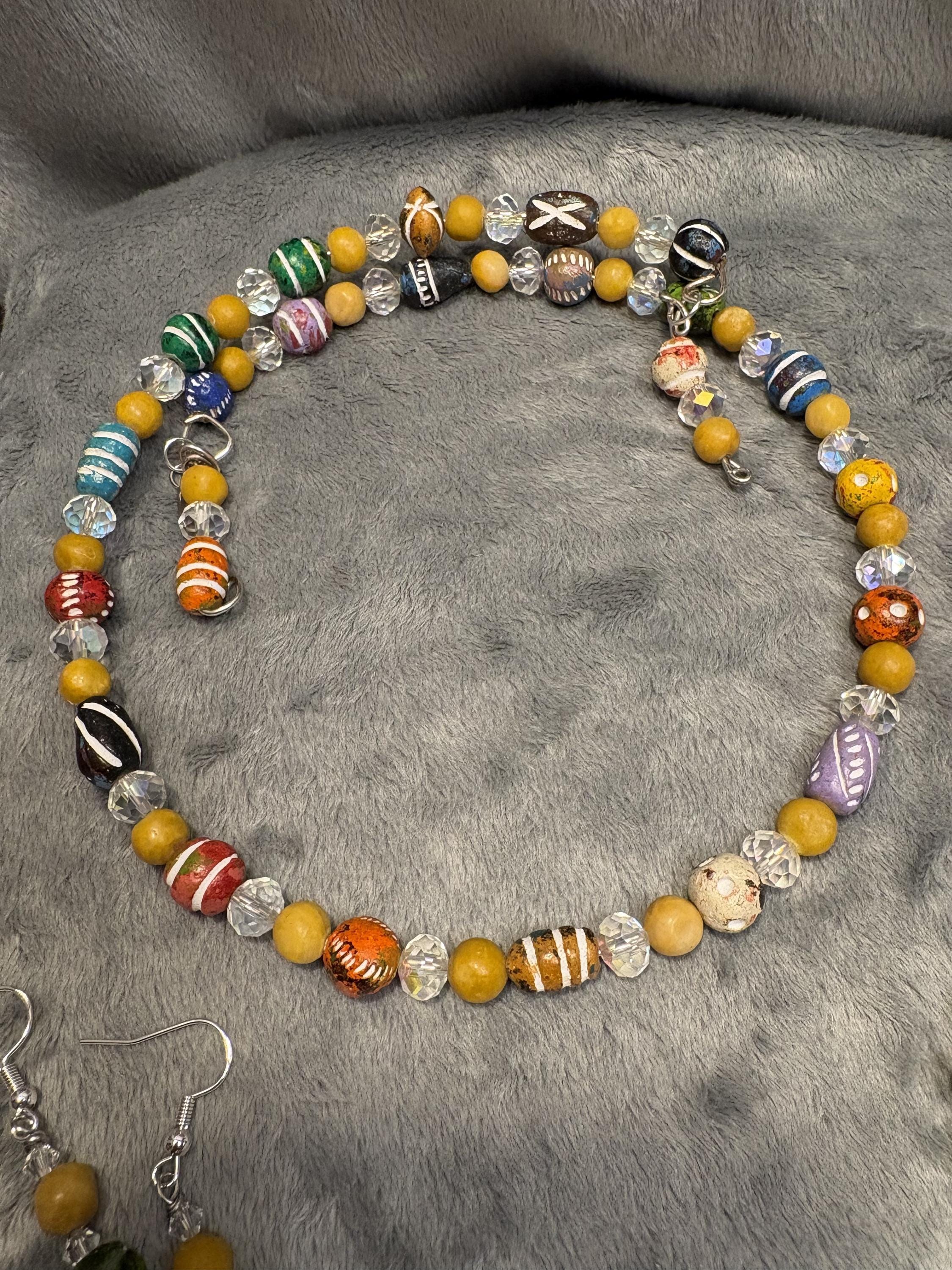 Hand Painted Clay Bead Jewelry Set, Colorful Boho Choker Necklace, 3 Bracelets and Earrings, Artisan Bead Jewelry Gift view 17
