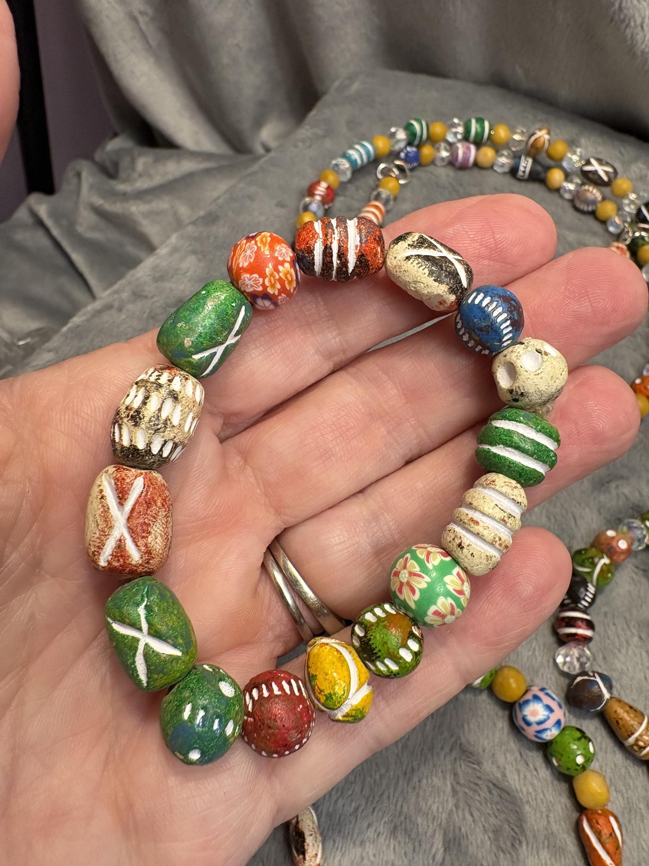 Hand Painted Clay Bead Jewelry Set, Colorful Boho Choker Necklace, 3 Bracelets and Earrings, Artisan Bead Jewelry Gift view 19