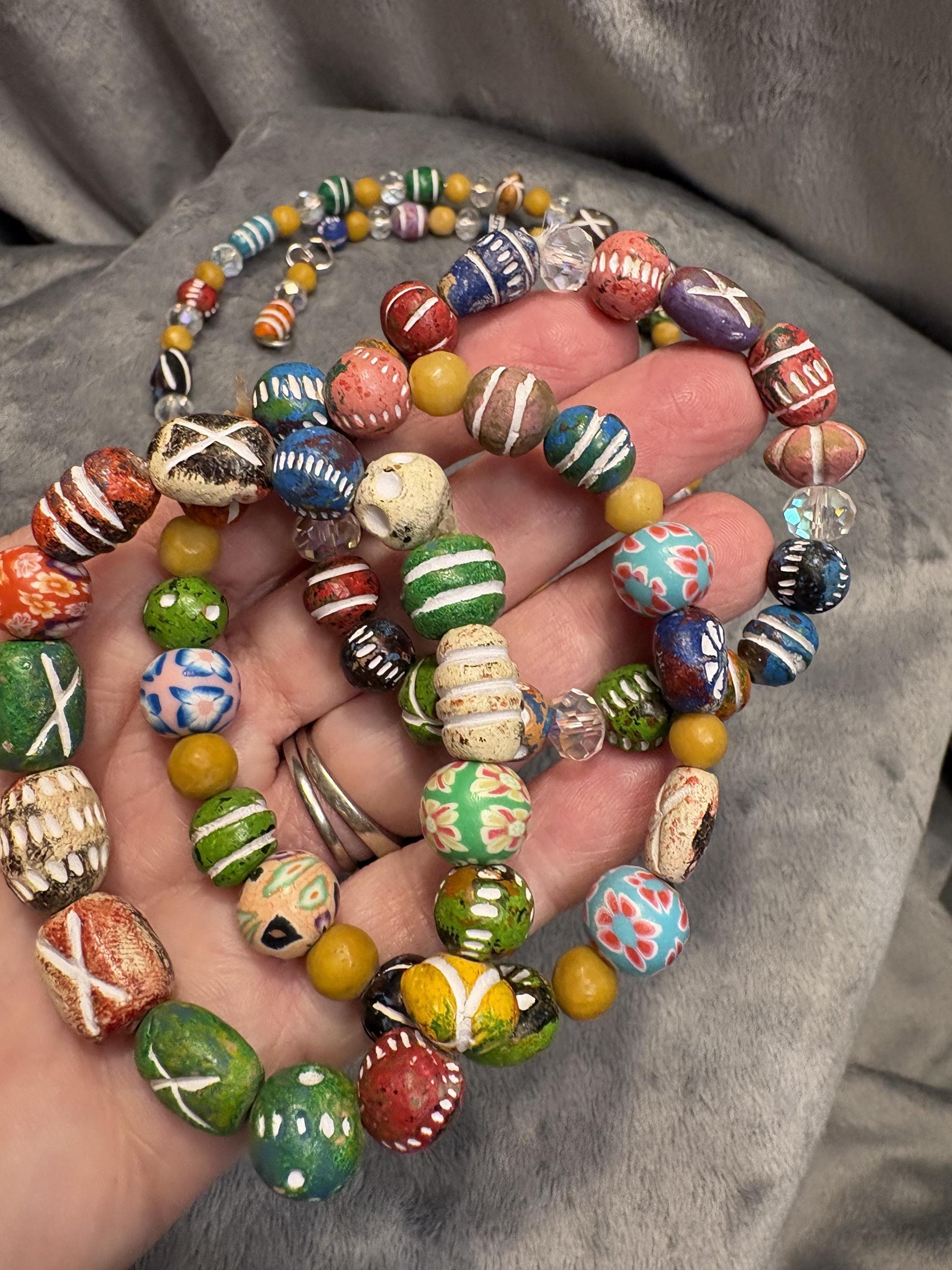 Hand Painted Clay Bead Jewelry Set, Colorful Boho Choker Necklace, 3 Bracelets and Earrings, Artisan Bead Jewelry Gift view 20