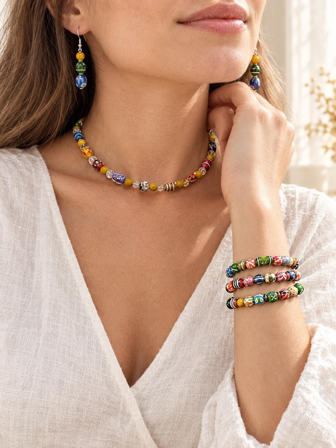 Hand Painted Clay Bead Jewelry Set, Colorful Boho Choker Necklace, 3 Bracelets and Earrings, Artisan Bead Jewelry Gift view 3