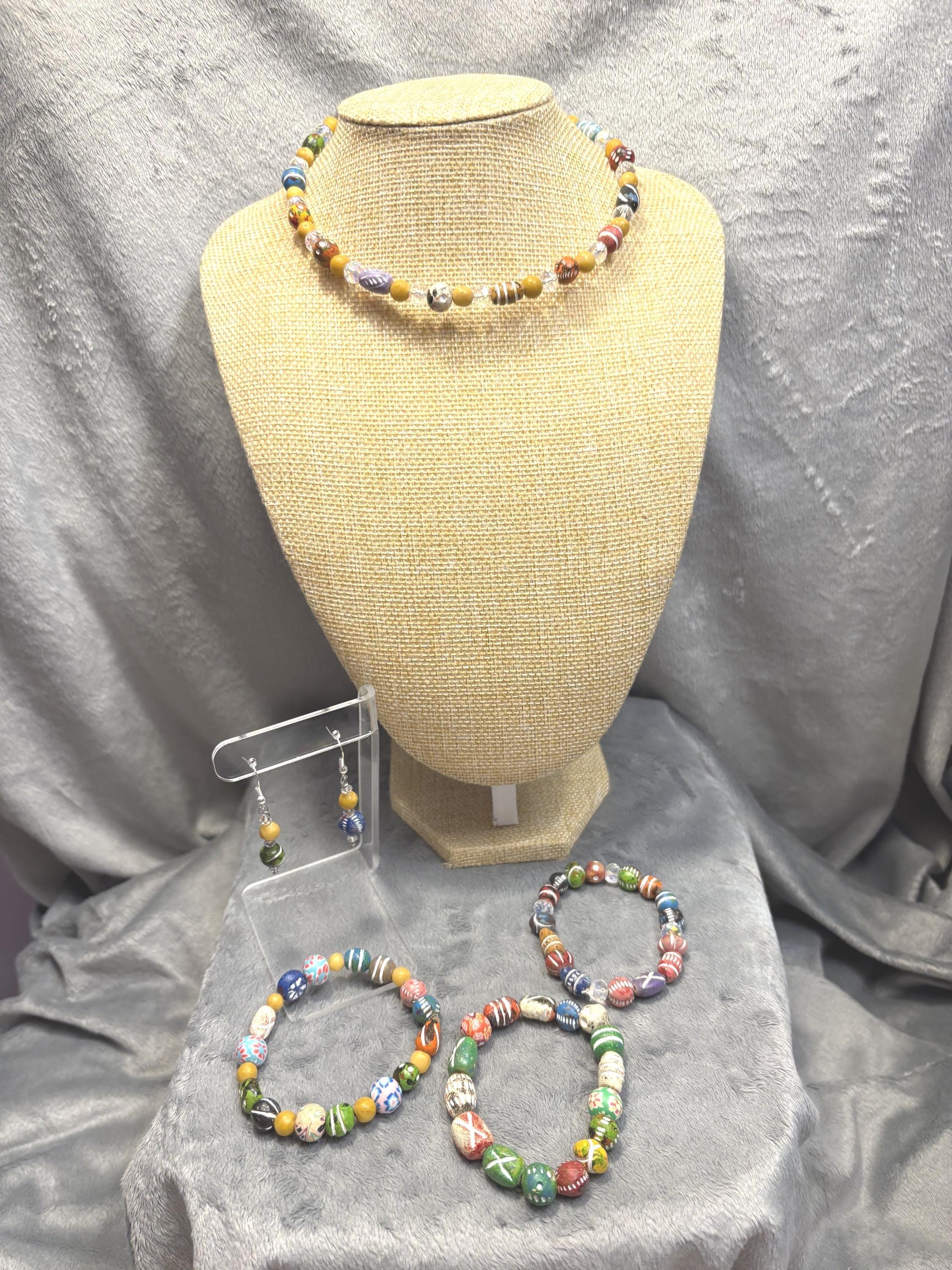 Hand Painted Clay Bead Jewelry Set, Colorful Boho Choker Necklace, 3 Bracelets and Earrings, Artisan Bead Jewelry Gift view 4