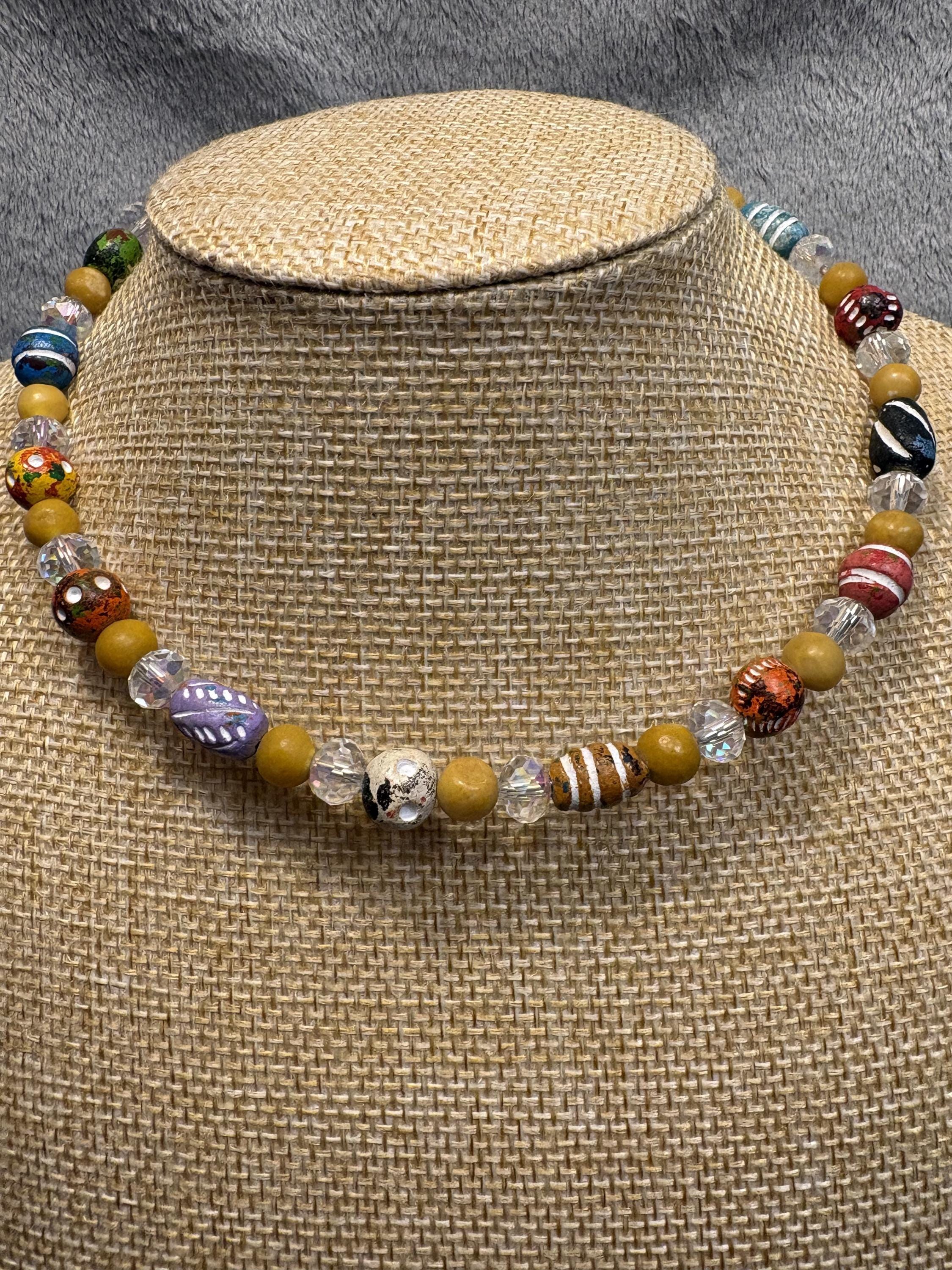 Hand Painted Clay Bead Jewelry Set, Colorful Boho Choker Necklace, 3 Bracelets and Earrings, Artisan Bead Jewelry Gift view 5