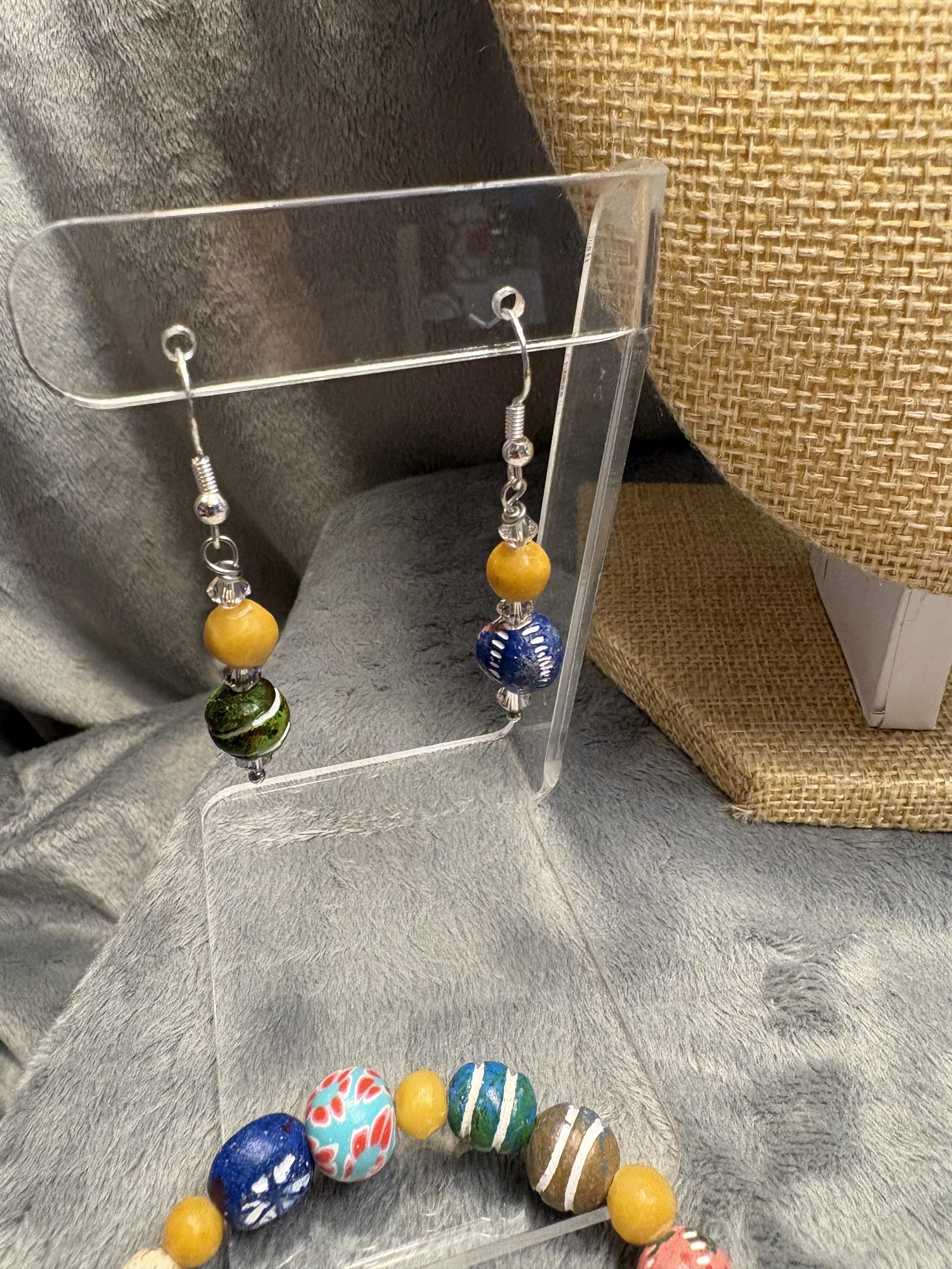Hand Painted Clay Bead Jewelry Set, Colorful Boho Choker Necklace, 3 Bracelets and Earrings, Artisan Bead Jewelry Gift view 6