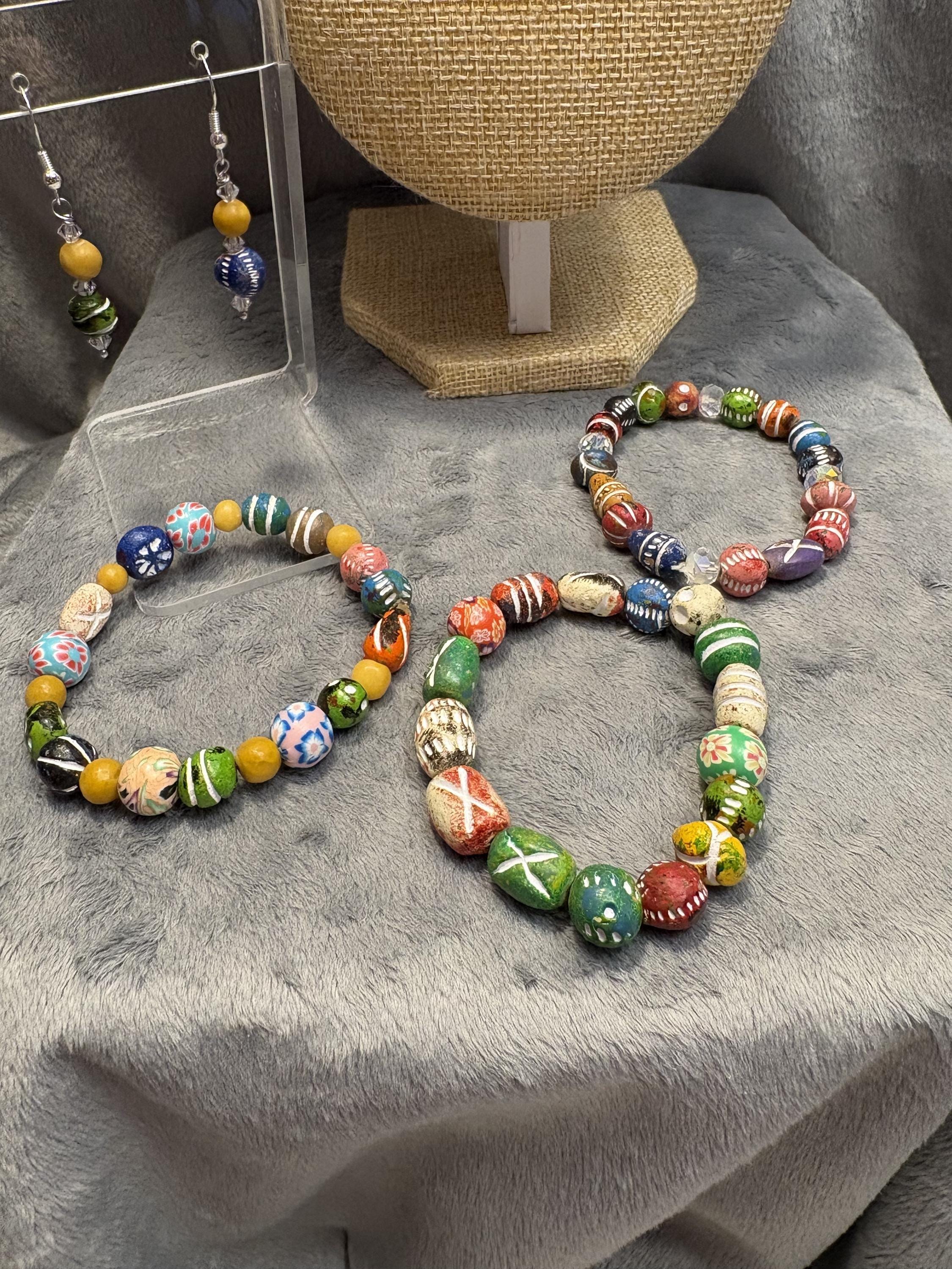 Hand Painted Clay Bead Jewelry Set, Colorful Boho Choker Necklace, 3 Bracelets and Earrings, Artisan Bead Jewelry Gift view 7