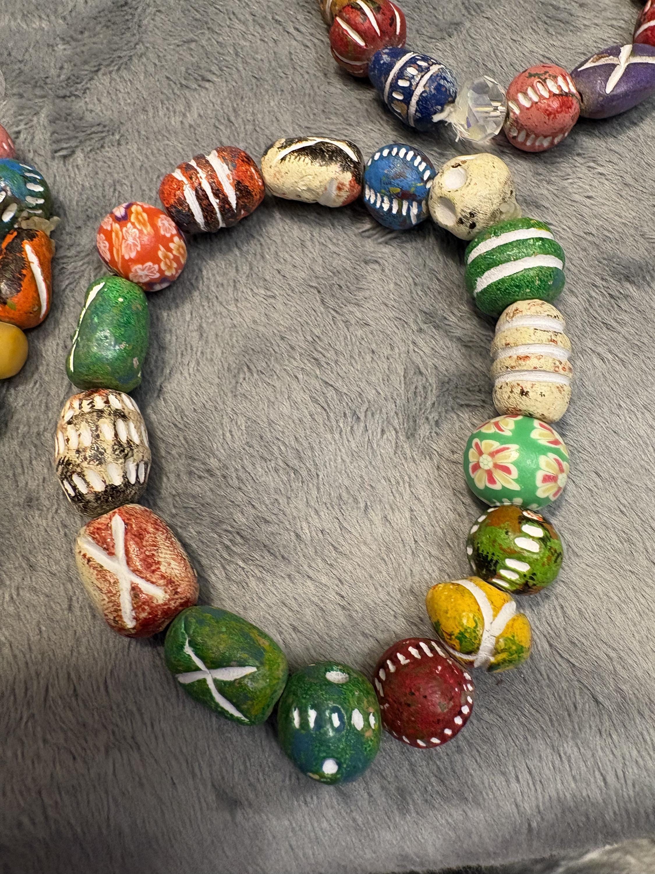 Hand Painted Clay Bead Jewelry Set, Colorful Boho Choker Necklace, 3 Bracelets and Earrings, Artisan Bead Jewelry Gift view 8