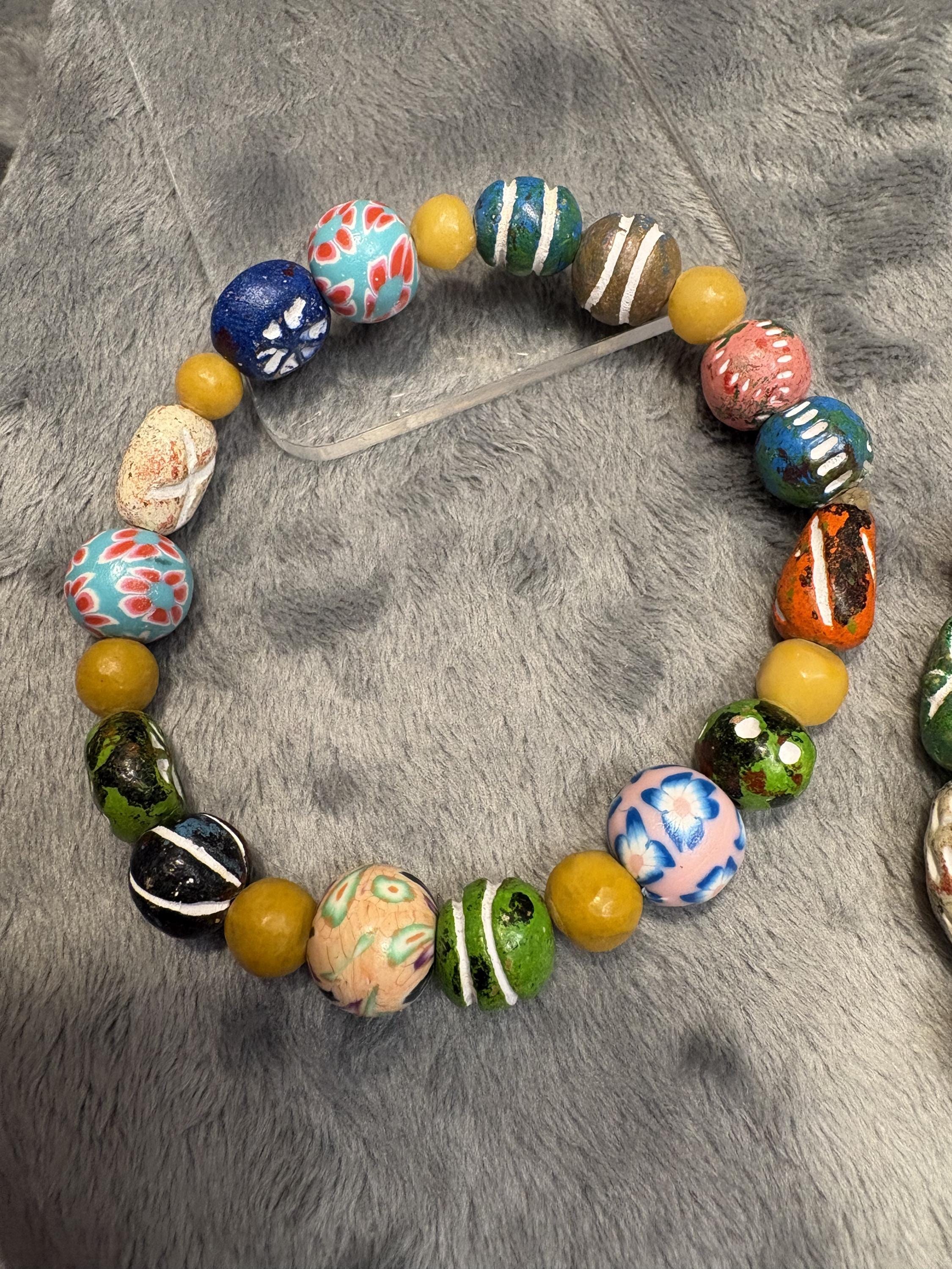 Hand Painted Clay Bead Jewelry Set, Colorful Boho Choker Necklace, 3 Bracelets and Earrings, Artisan Bead Jewelry Gift view 9