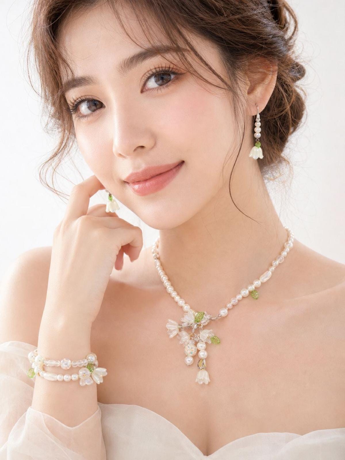 Handmade Lily of the Valley Pearl Jewelry Set, Floral Necklace, Bracelet, Earrings